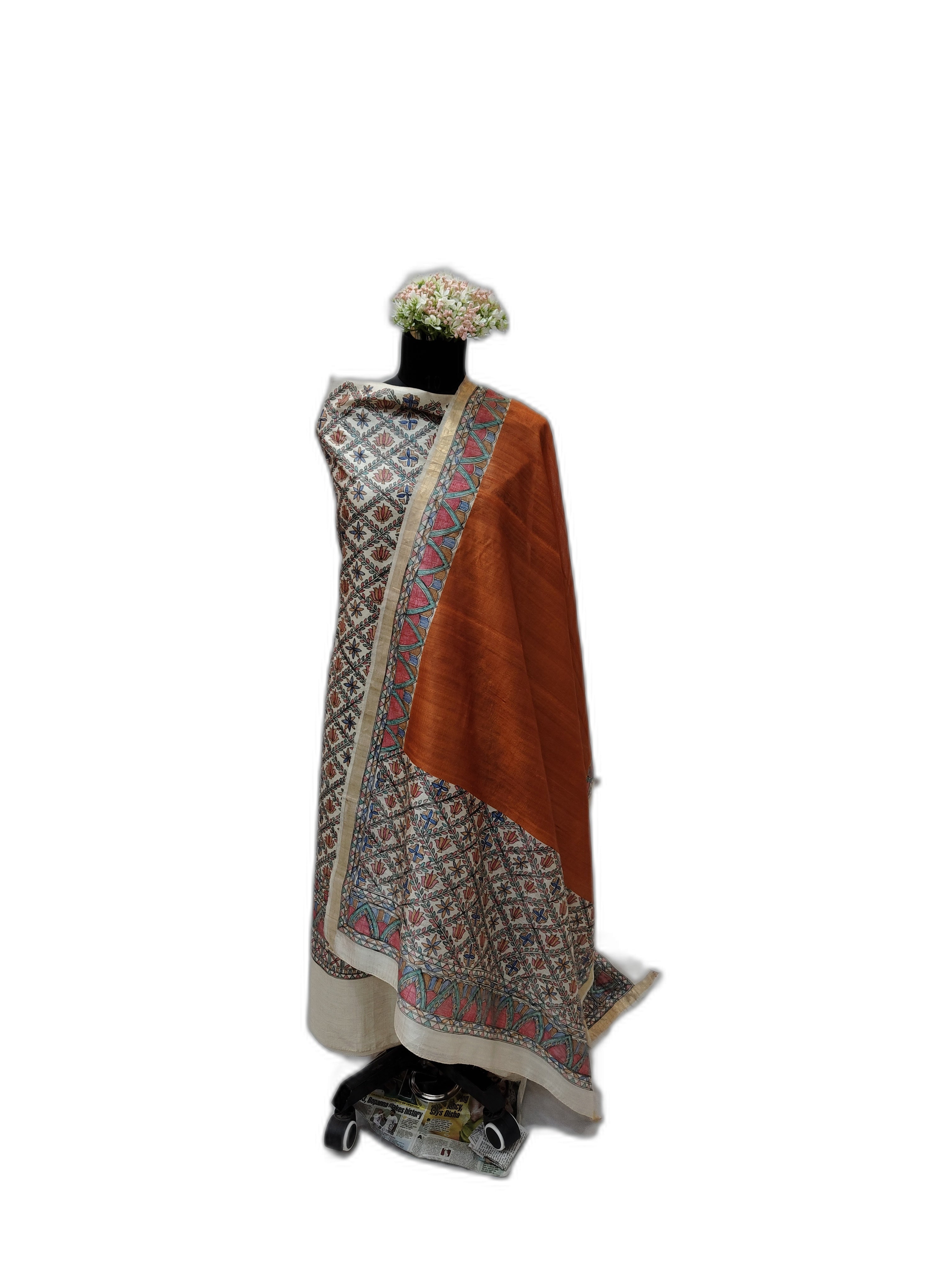 Hand painted All Over Madhubani Unstitched Suit Set on Tussar Munga Silk