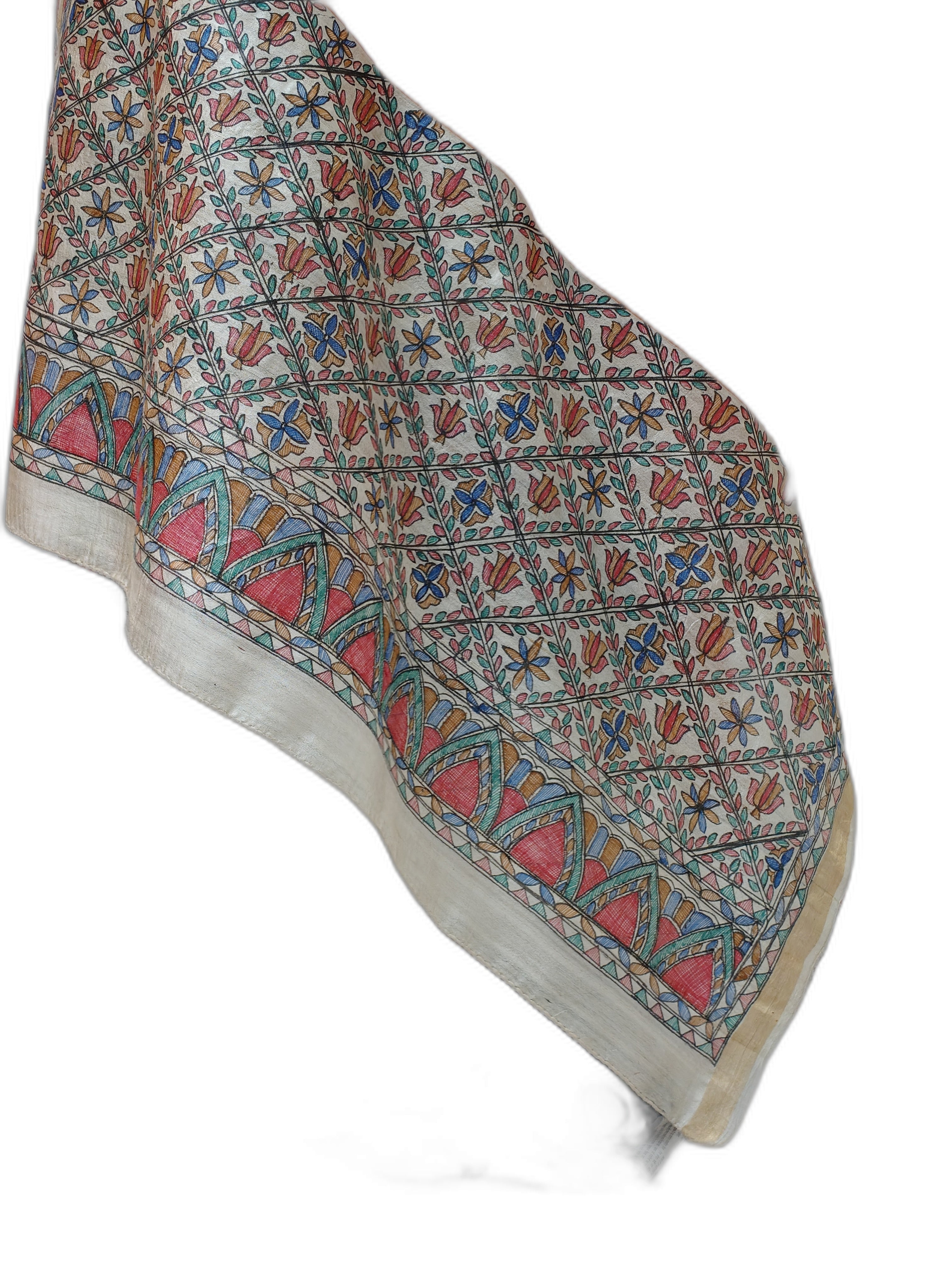 Hand painted All Over Madhubani Unstitched Suit Set on Tussar Munga Silk