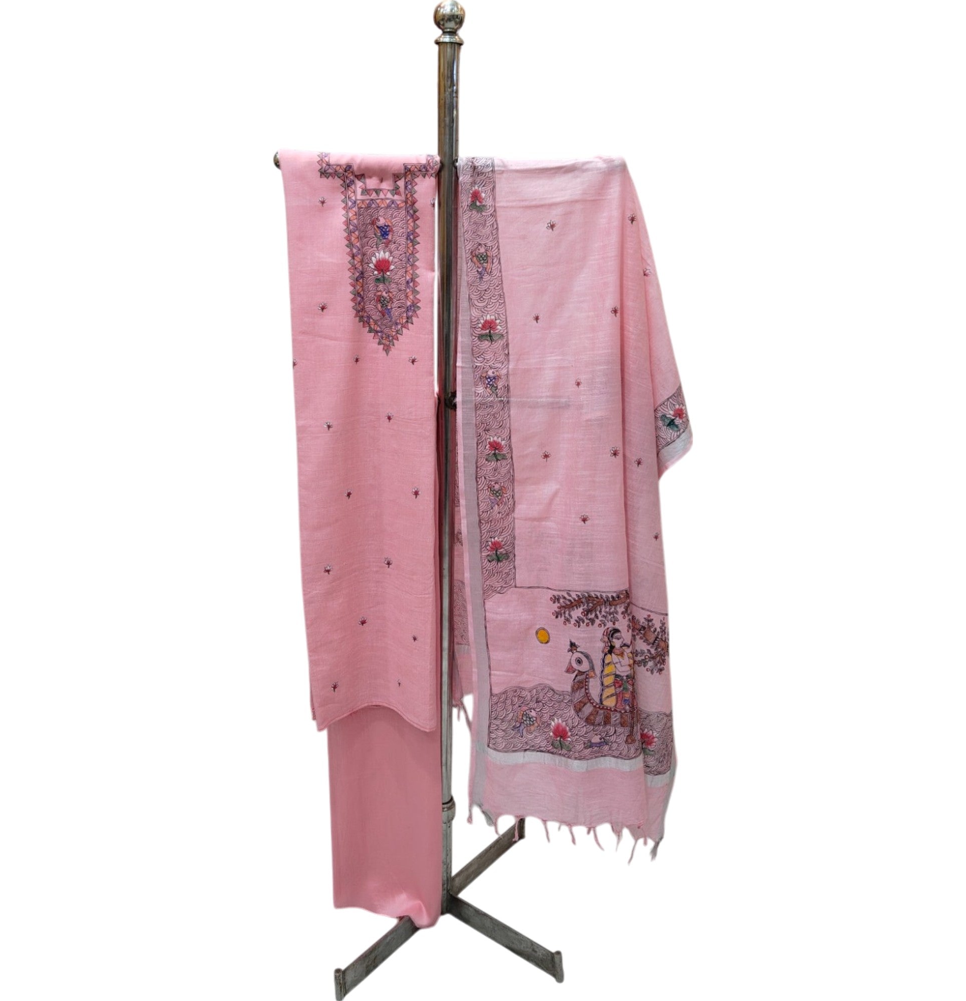 Hand-Painted Madhubani Unstitched Cotton Suit Set in Light Pink