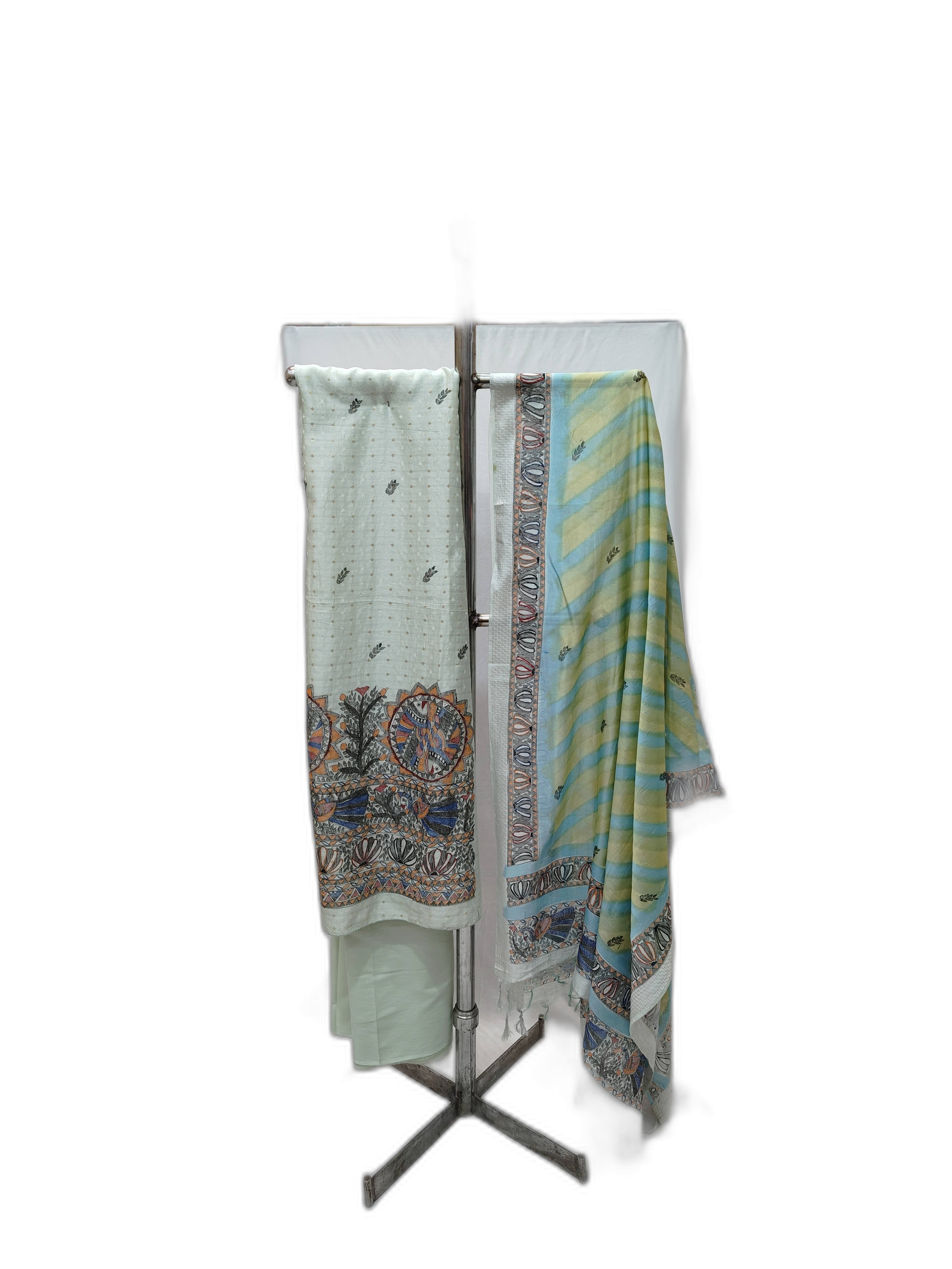 Hand-Painted Madhubani Unstitched Chanderi Suit Set in Pastel Green