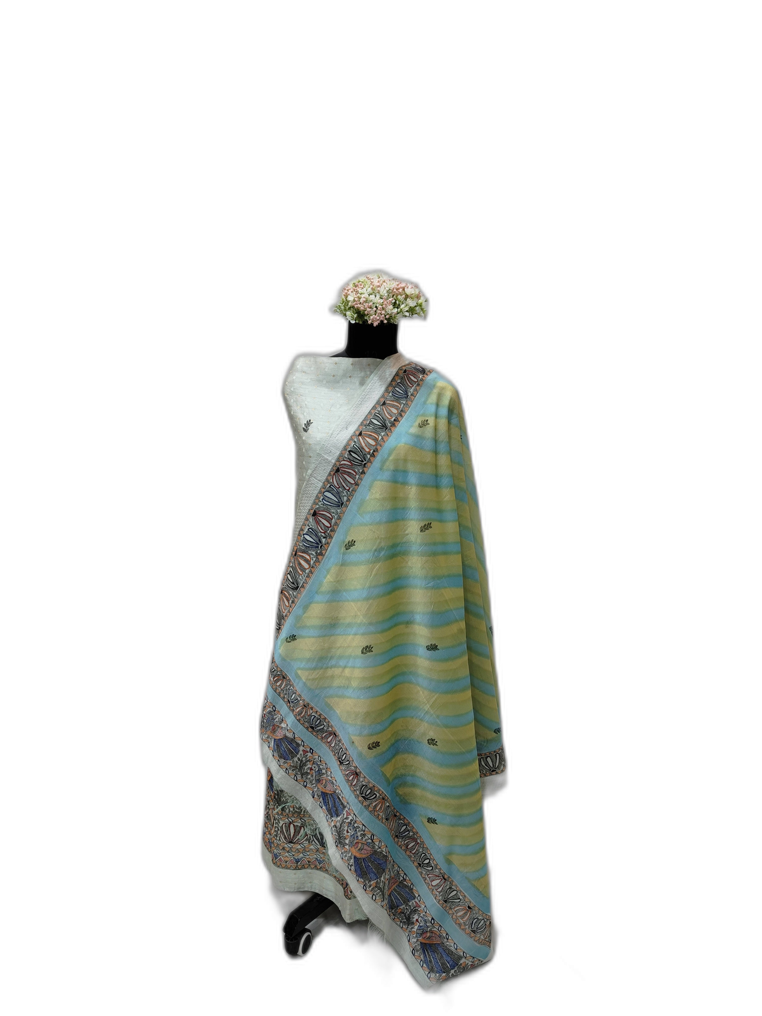 Hand-Painted Madhubani Unstitched Chanderi Suit Set in Pastel Green