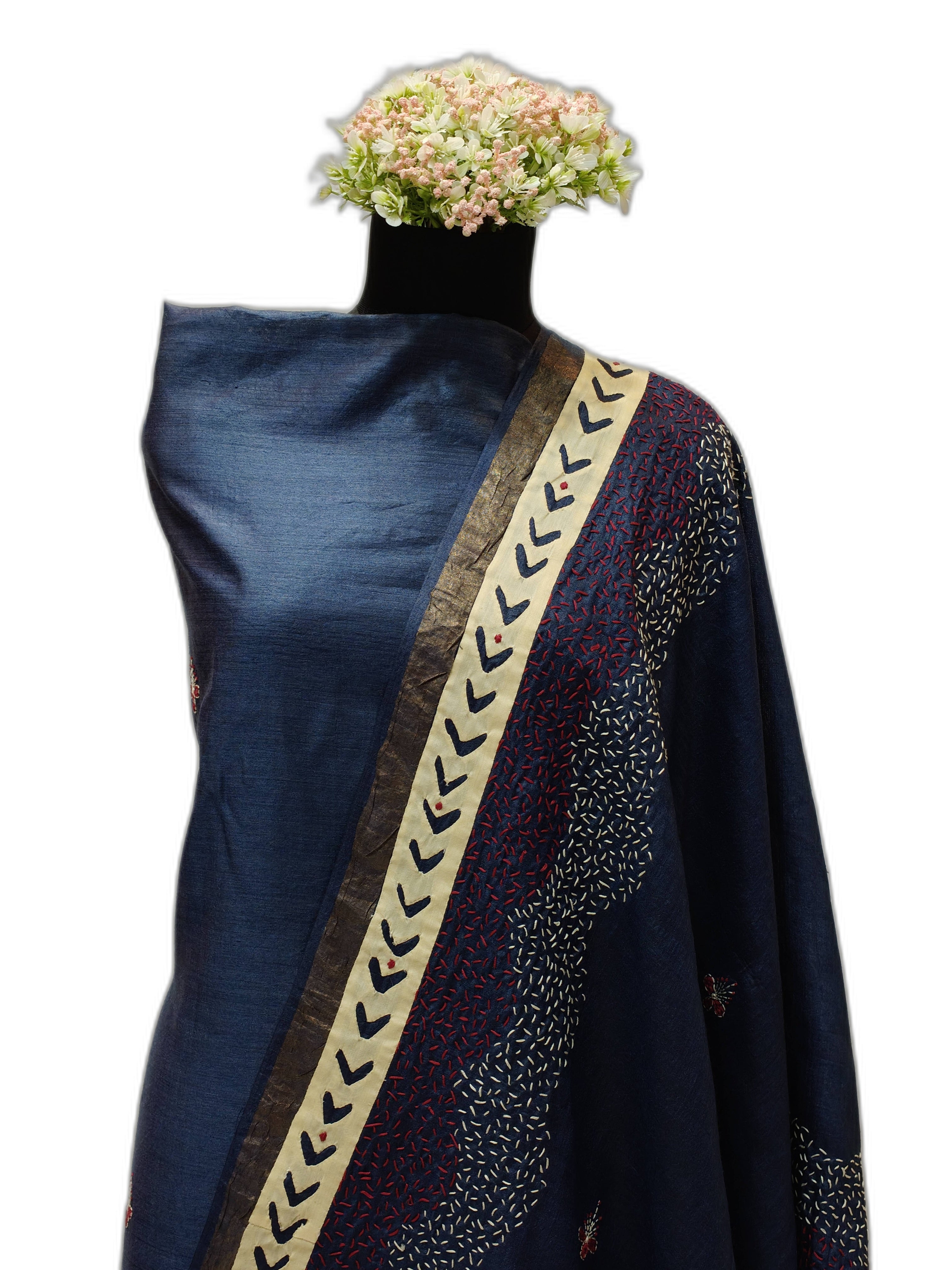Hand-Embroidered Tussar Munga Silk Suit Set in Dark Blue – Sujni Elegance with Applique Detailing