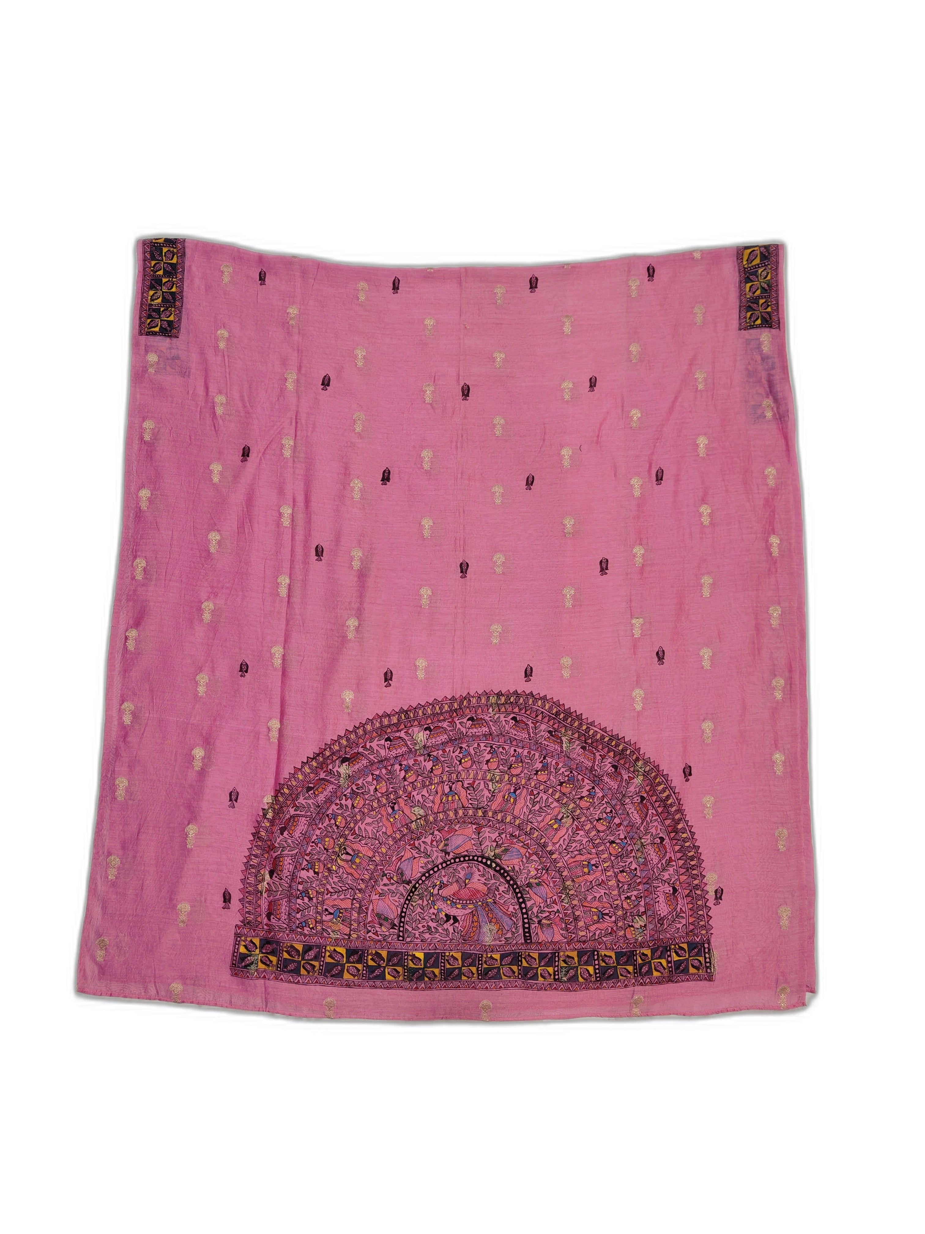 Hand-Painted Madhubani Unstitched Chanderi Suit Set with Organza Dupatta – Elegance in Pink and Zari