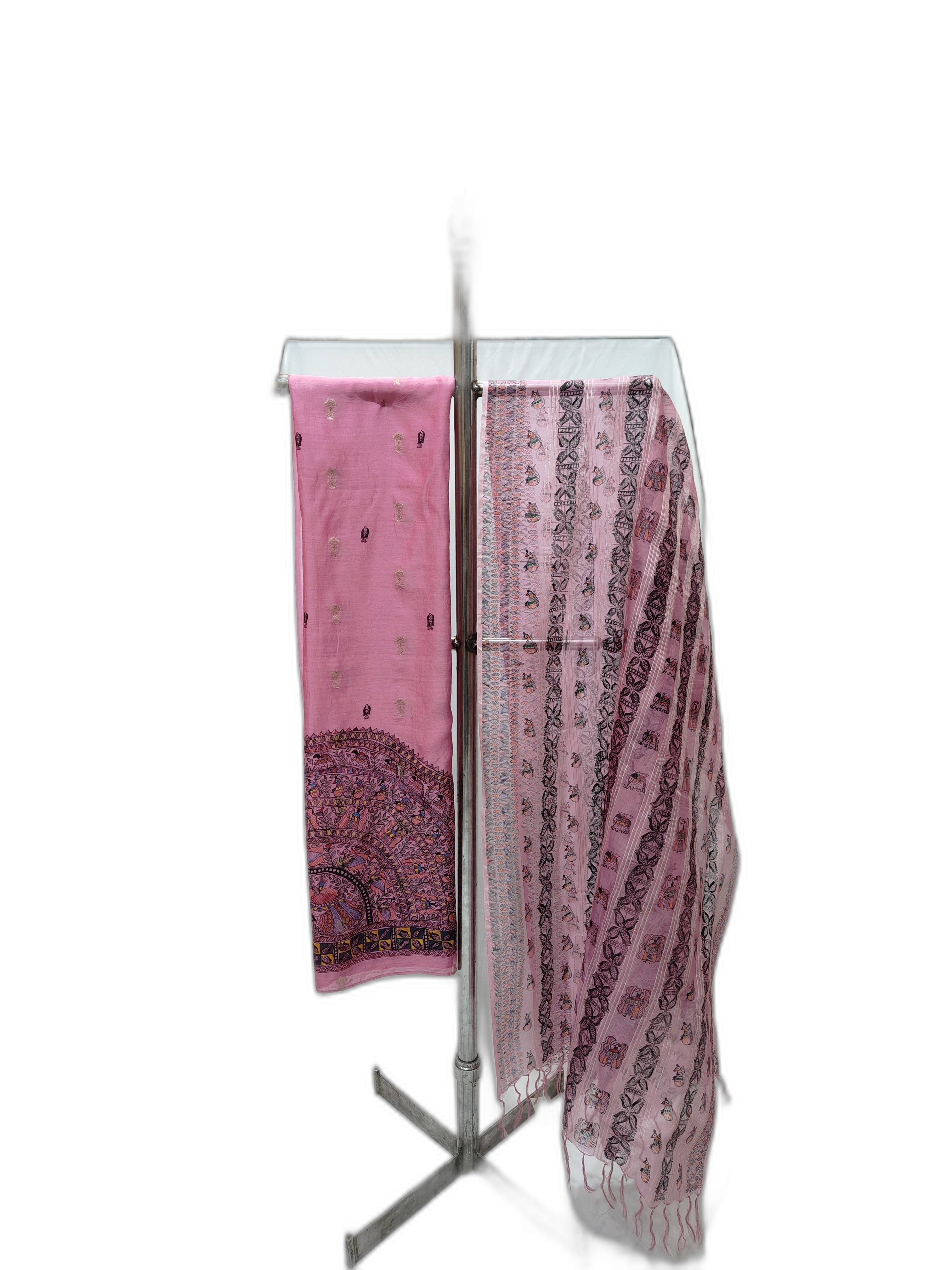 Hand-Painted Madhubani Unstitched Chanderi Suit Set with Organza Dupatta – Elegance in Pink and Zari