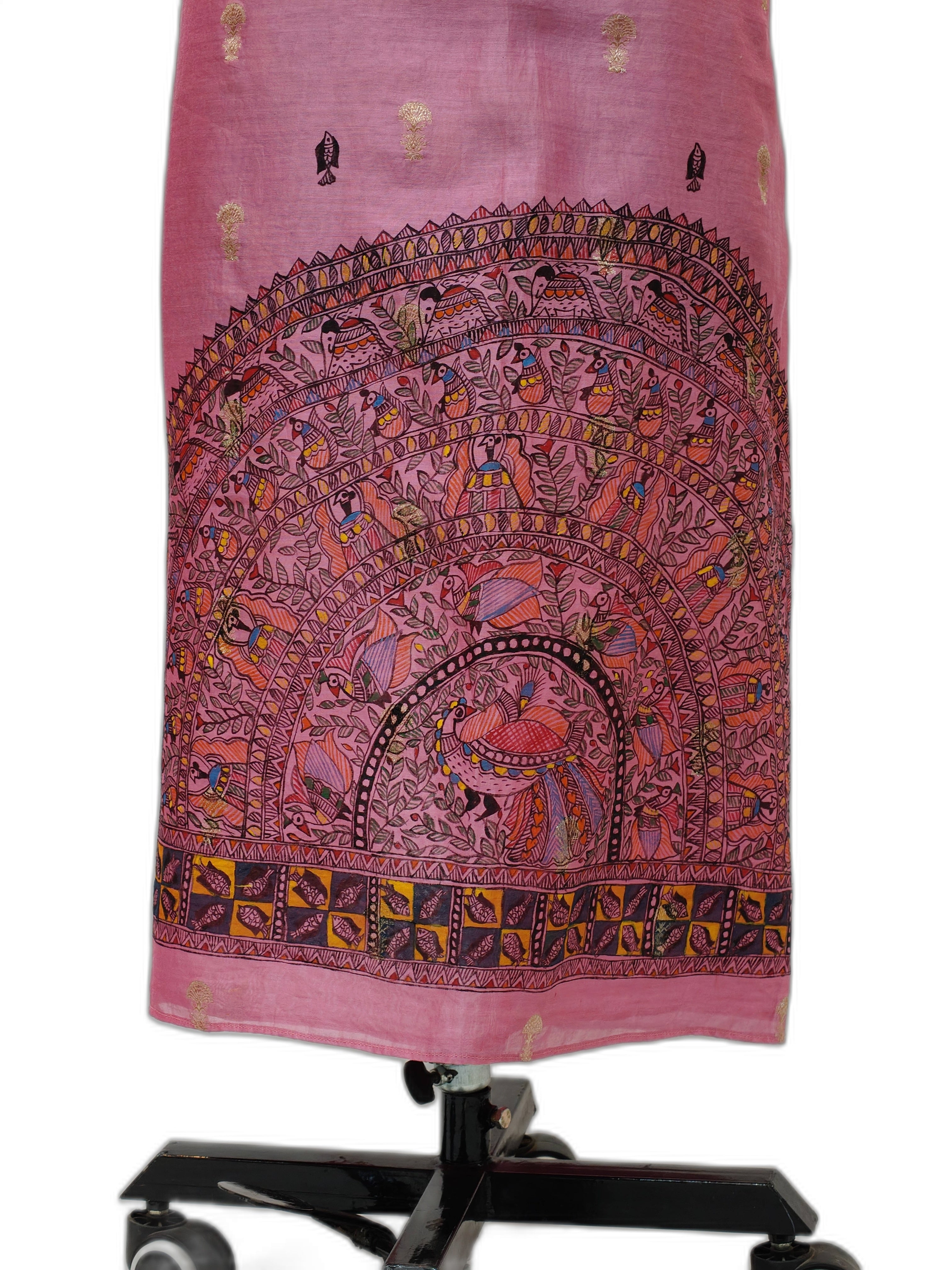 Hand-Painted Madhubani Unstitched Chanderi Suit Set with Organza Dupatta – Elegance in Pink and Zari