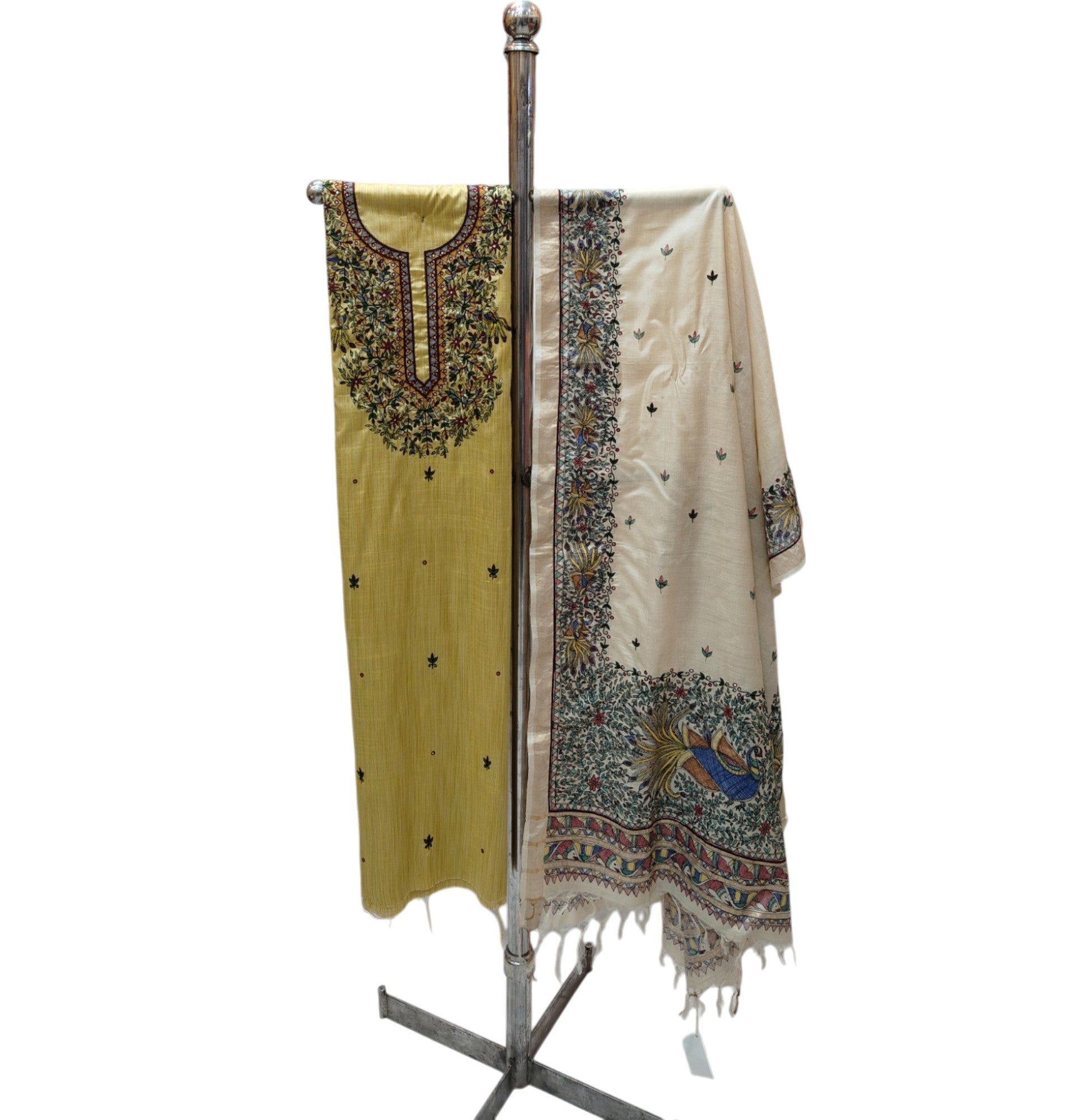 Hand-Painted Madhubani Unstitched Khadi Suit Set with Tussar Dupatta