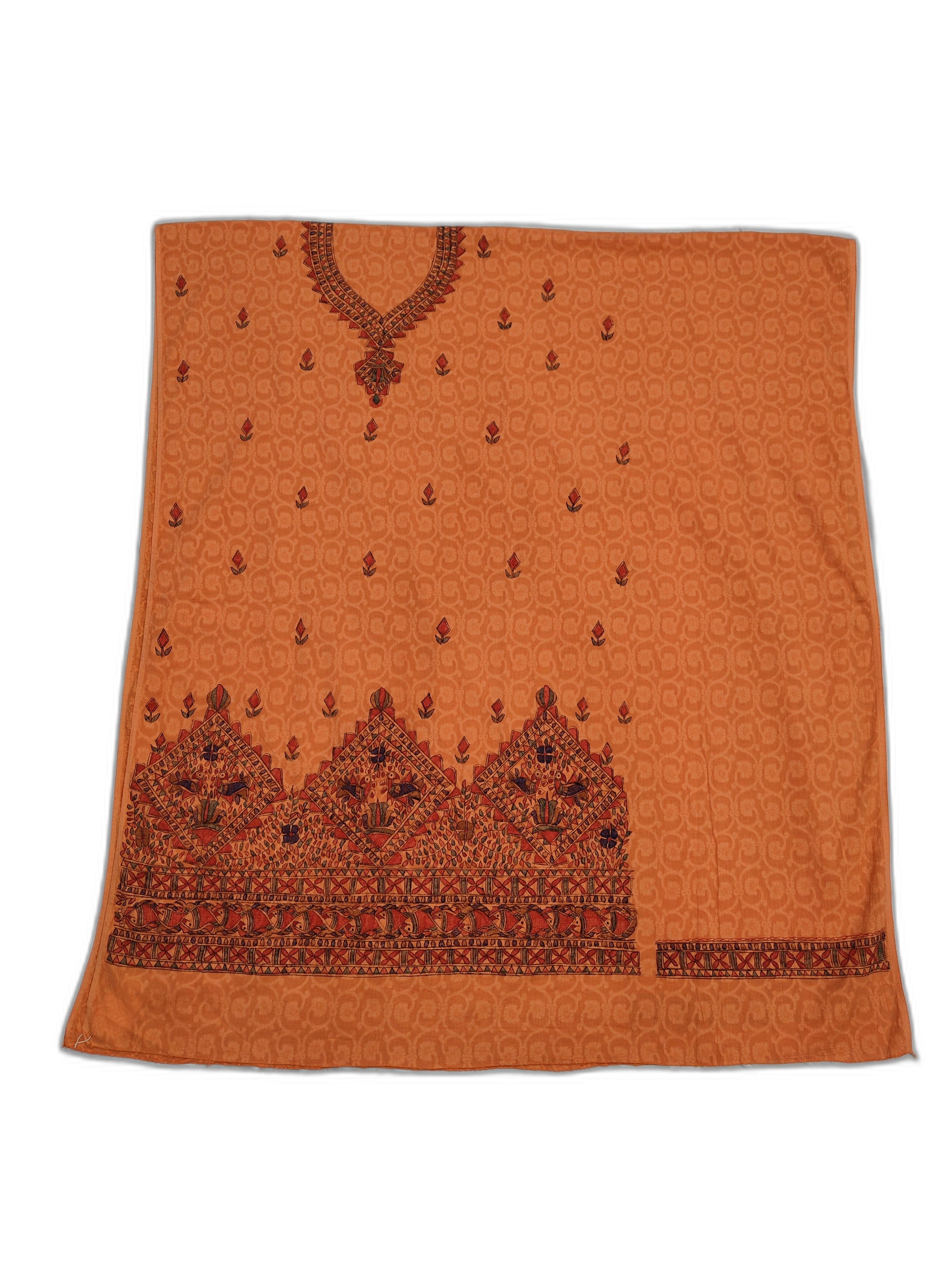 Hand-Painted Unstitched Madhubani Chanderi Suit Set in Orange