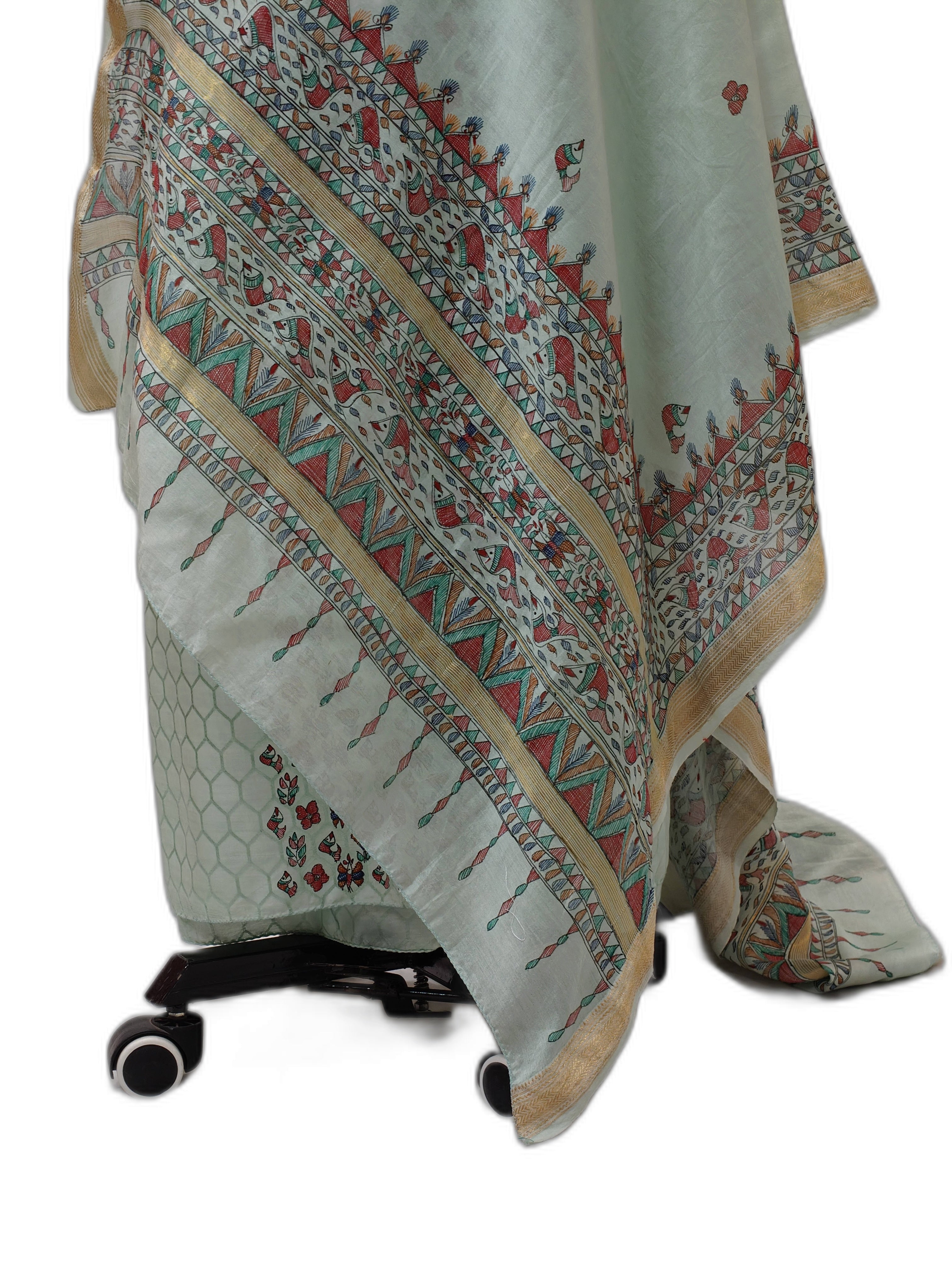 Hand-Painted Madhubani Unstitched Chenya Silk Suit Set in Mint Green