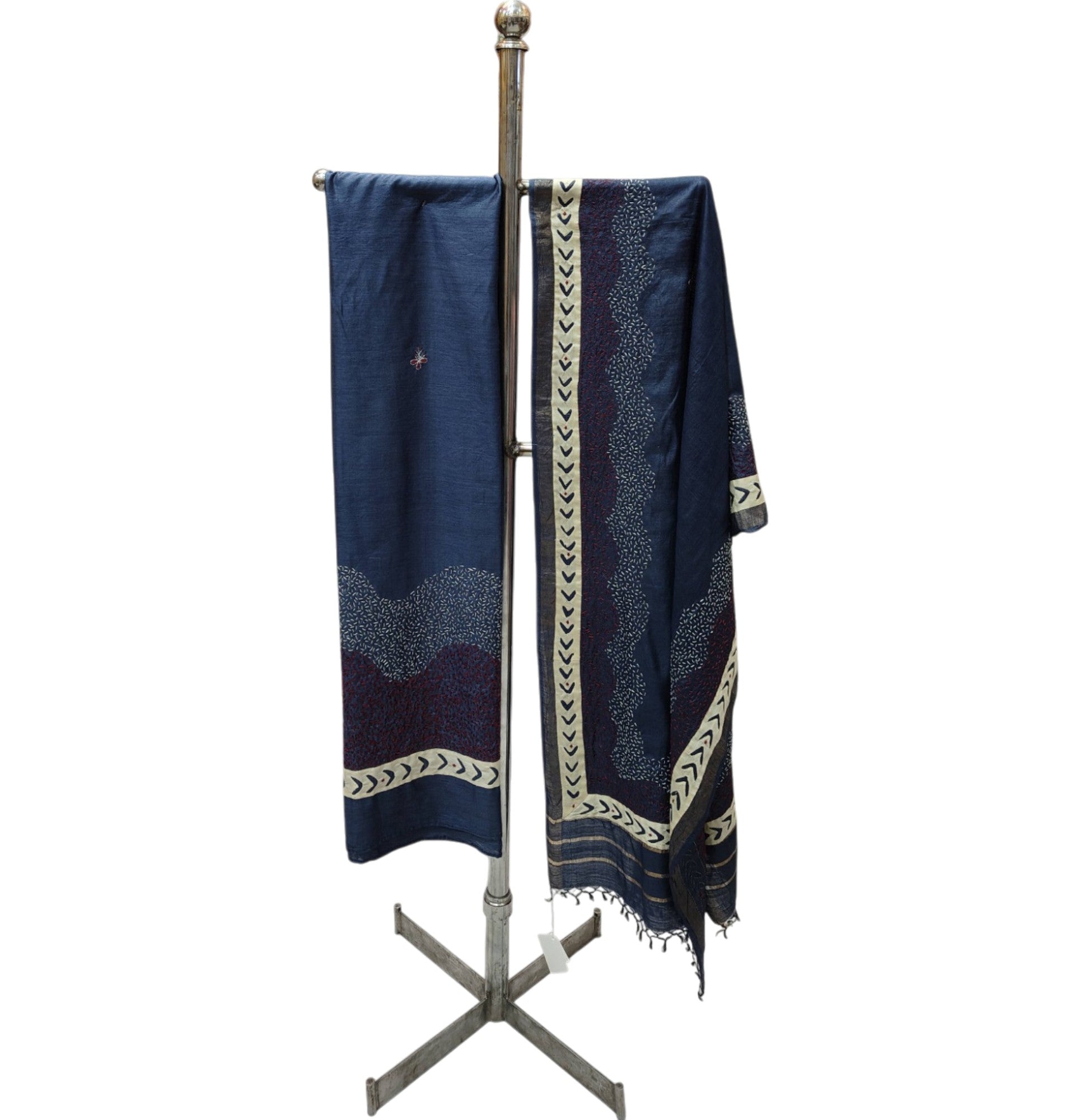 Hand-Embroidered Tussar Munga Silk Suit Set in Dark Blue – Sujni Elegance with Applique Detailing