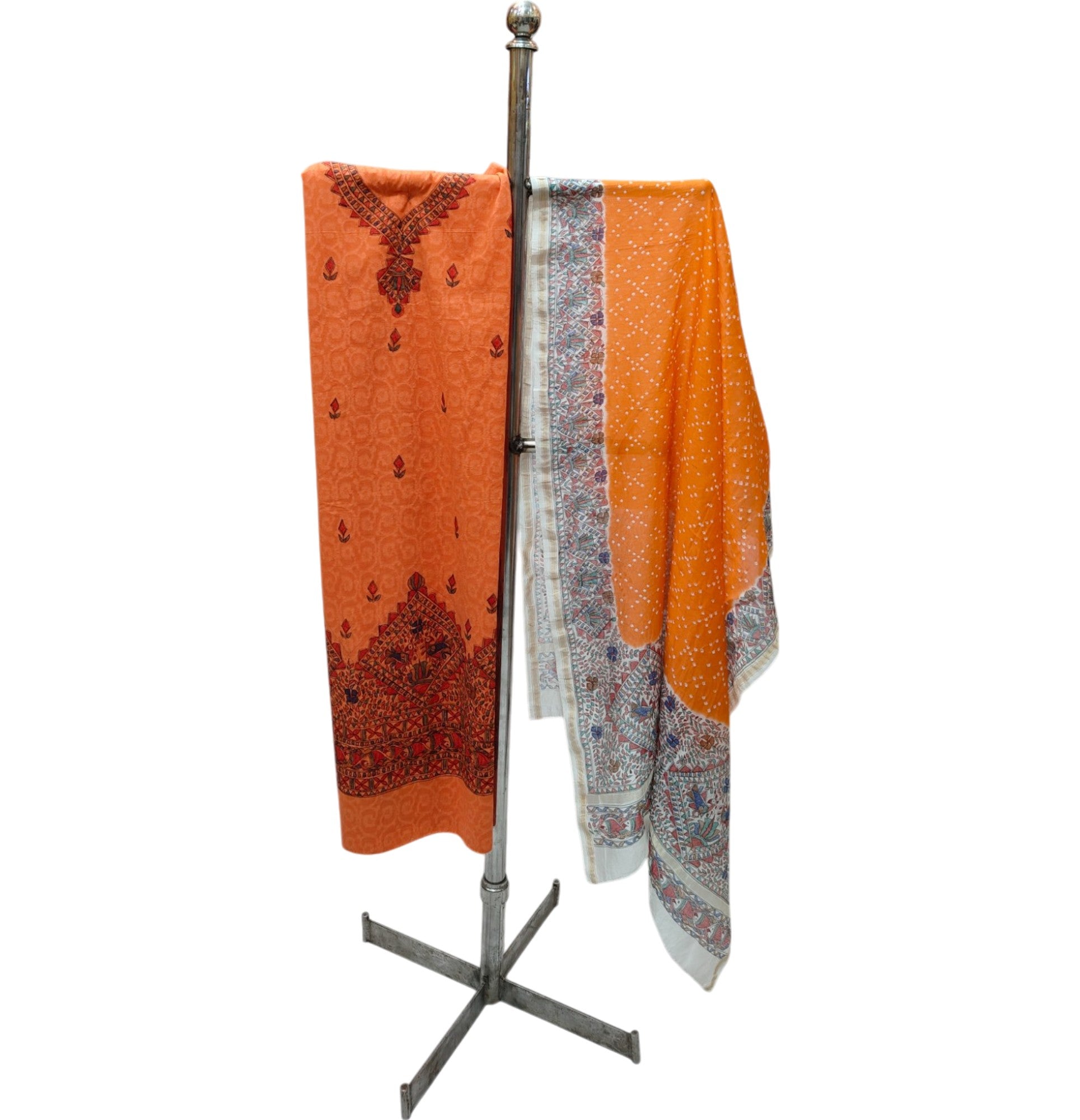 Hand-Painted Unstitched Madhubani Chanderi Suit Set in Orange