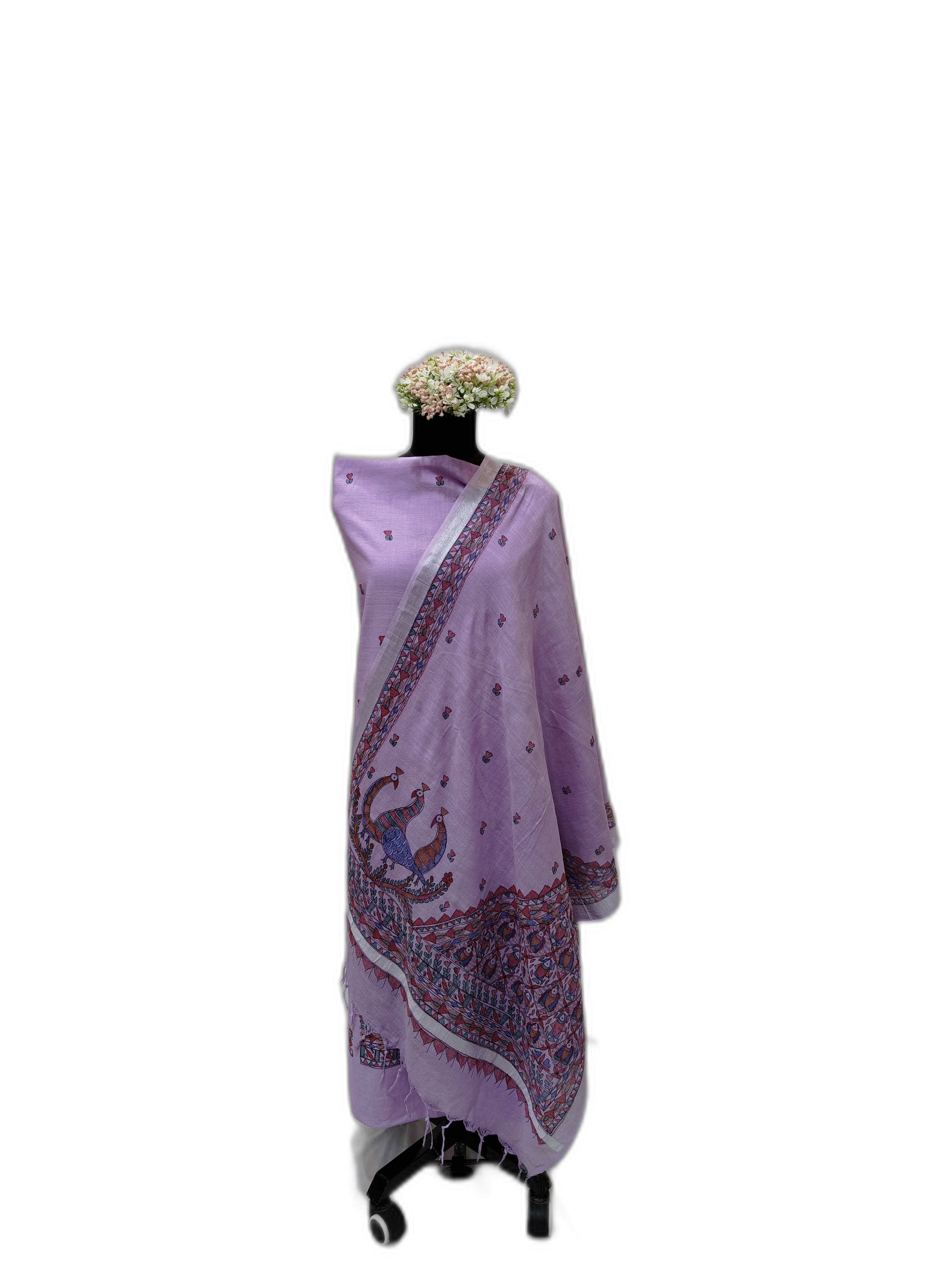Hand-Painted Madhubani Unstitched Cotton Suit Set in Lavender