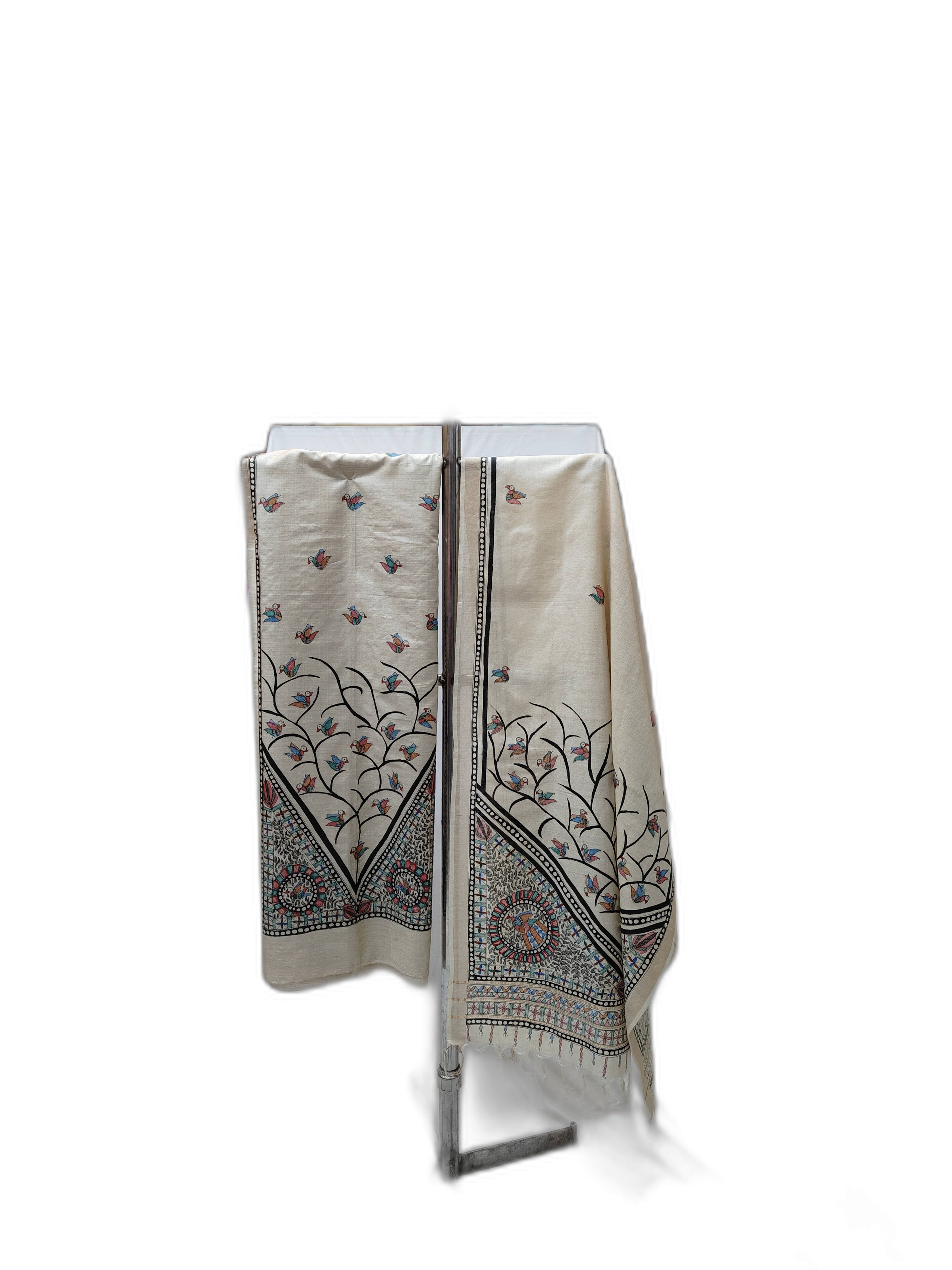 Hand-Painted Madhubani Unstitched Tussar Munga Silk Suit Set with Peacock Motifs