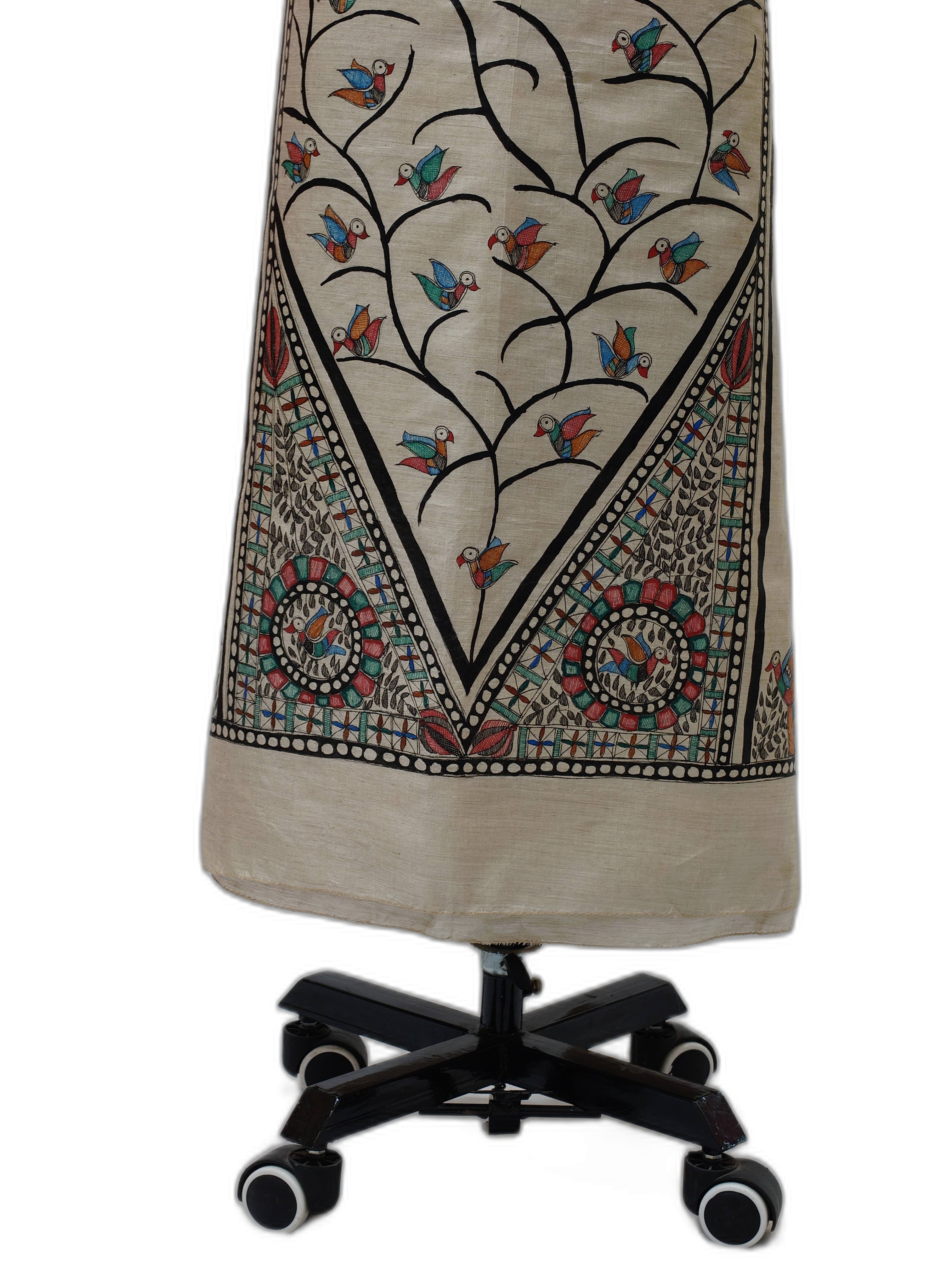 Hand-Painted Madhubani Unstitched Tussar Munga Silk Suit Set with Peacock Motifs