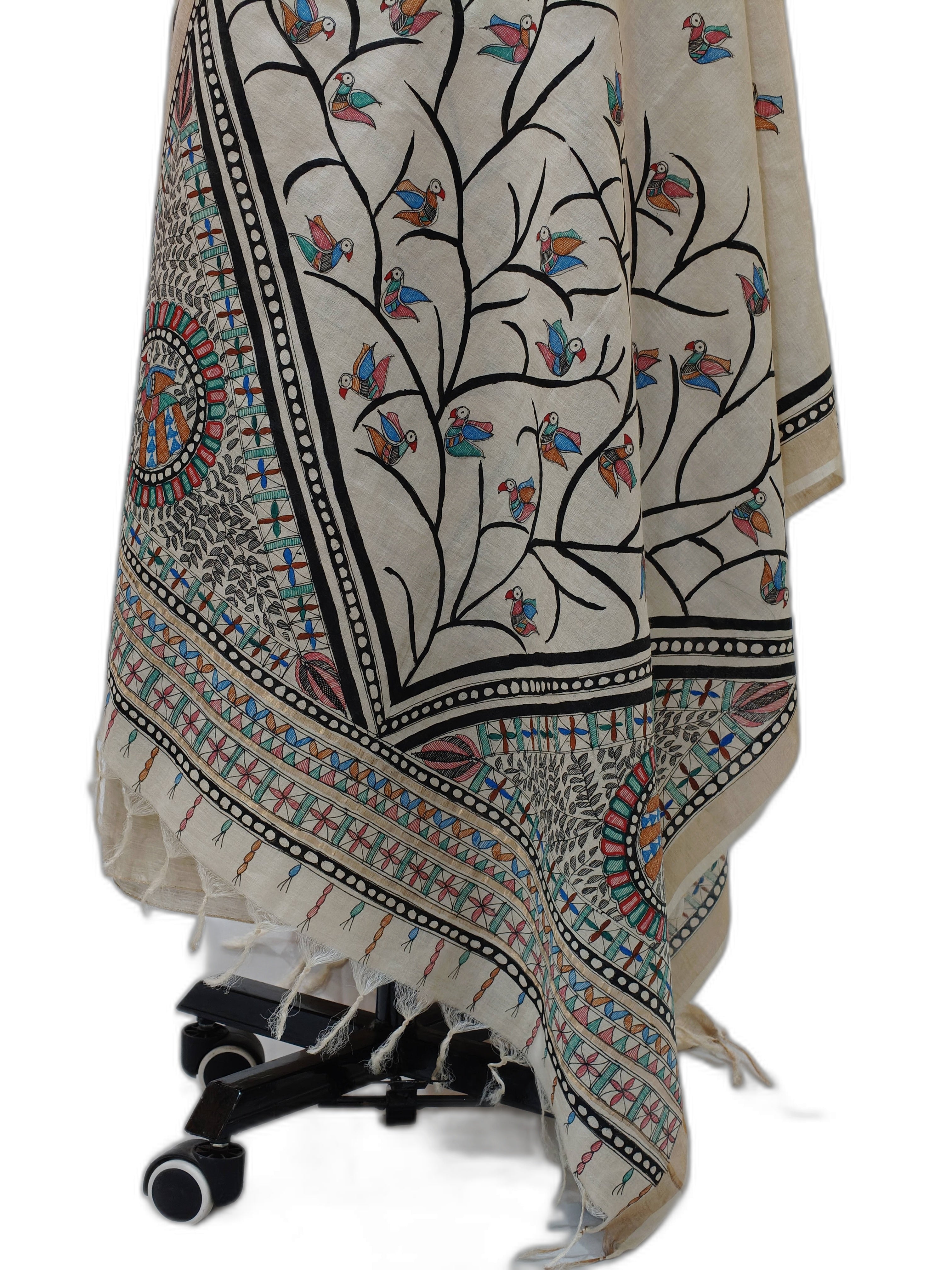 Hand-Painted Madhubani Unstitched Tussar Munga Silk Suit Set with Peacock Motifs