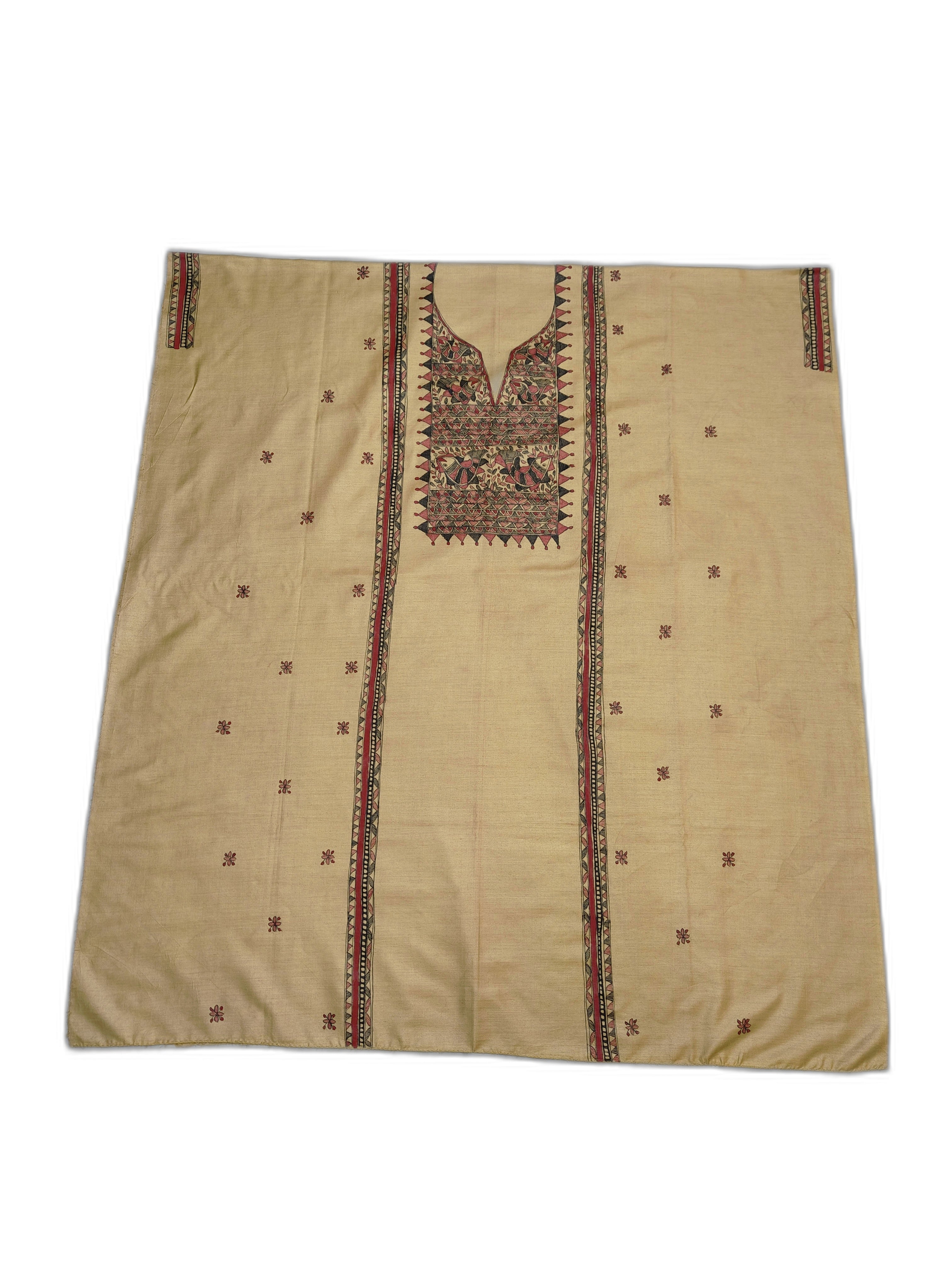 Unstitched Hand-Painted Madhubani Tussar Munga Silk Suit Set – Artistry in Mustard Elegance
