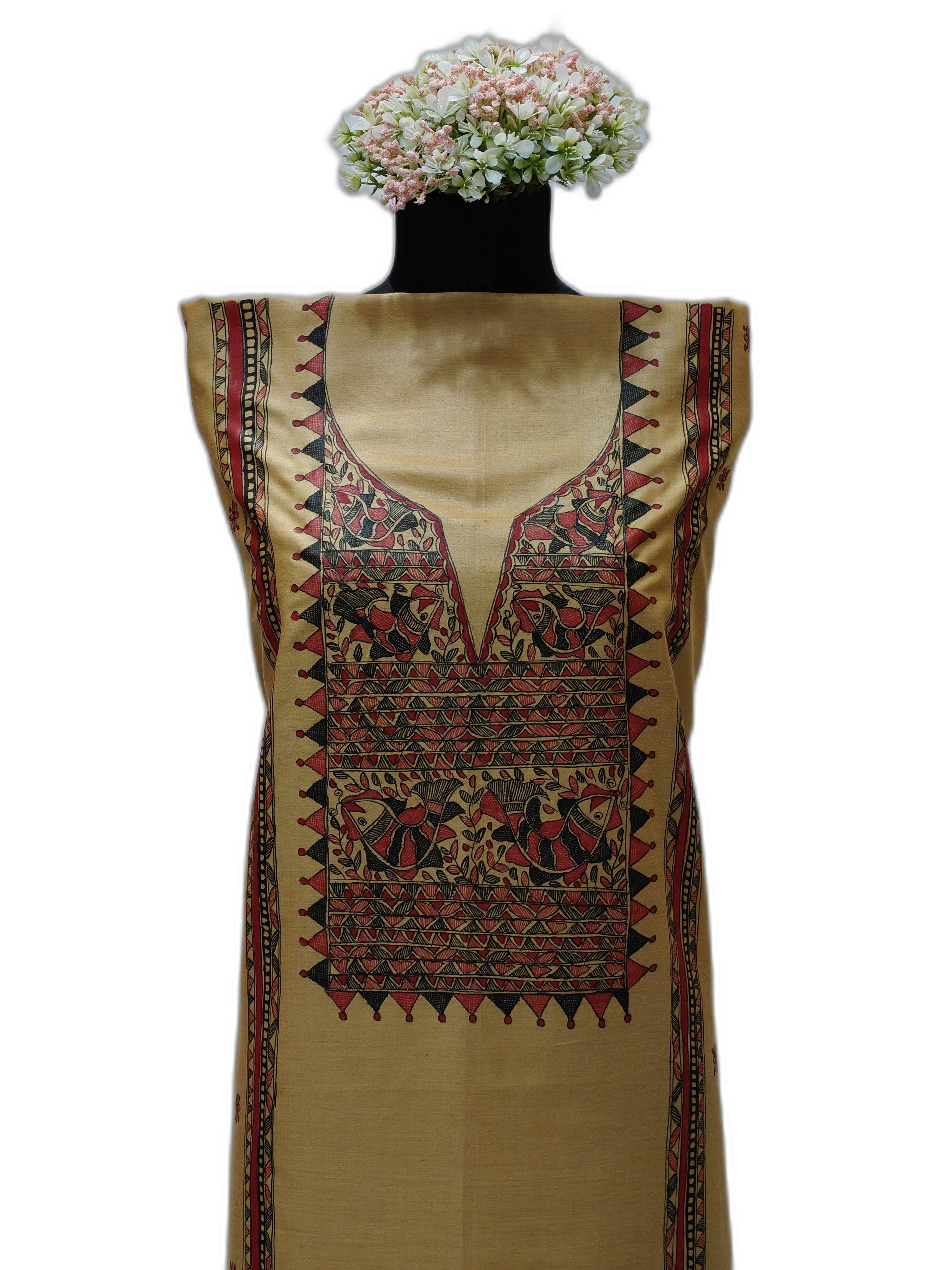 Unstitched Hand-Painted Madhubani Tussar Munga Silk Suit Set – Artistry in Mustard Elegance