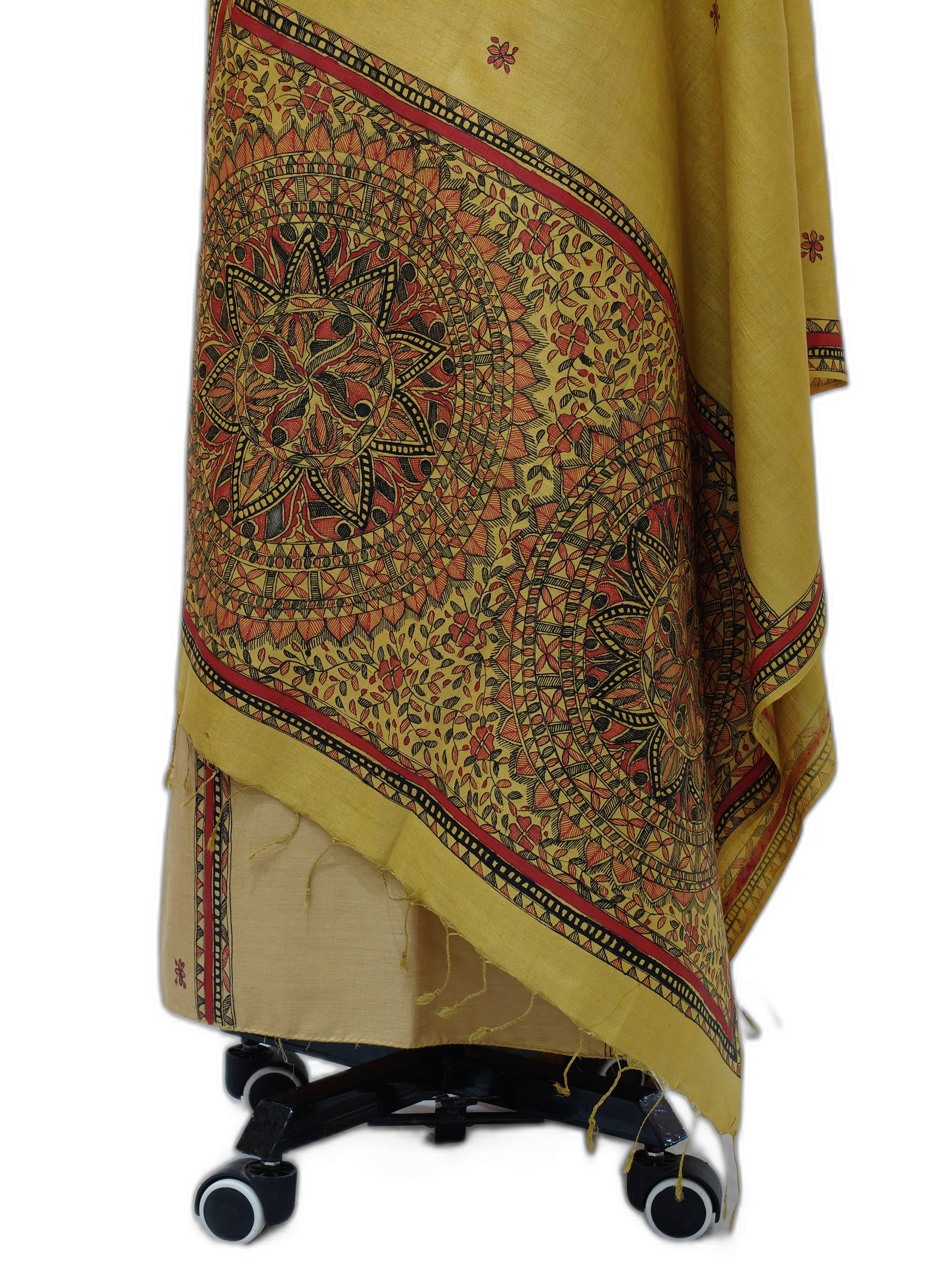 Unstitched Hand-Painted Madhubani Tussar Munga Silk Suit Set – Artistry in Mustard Elegance