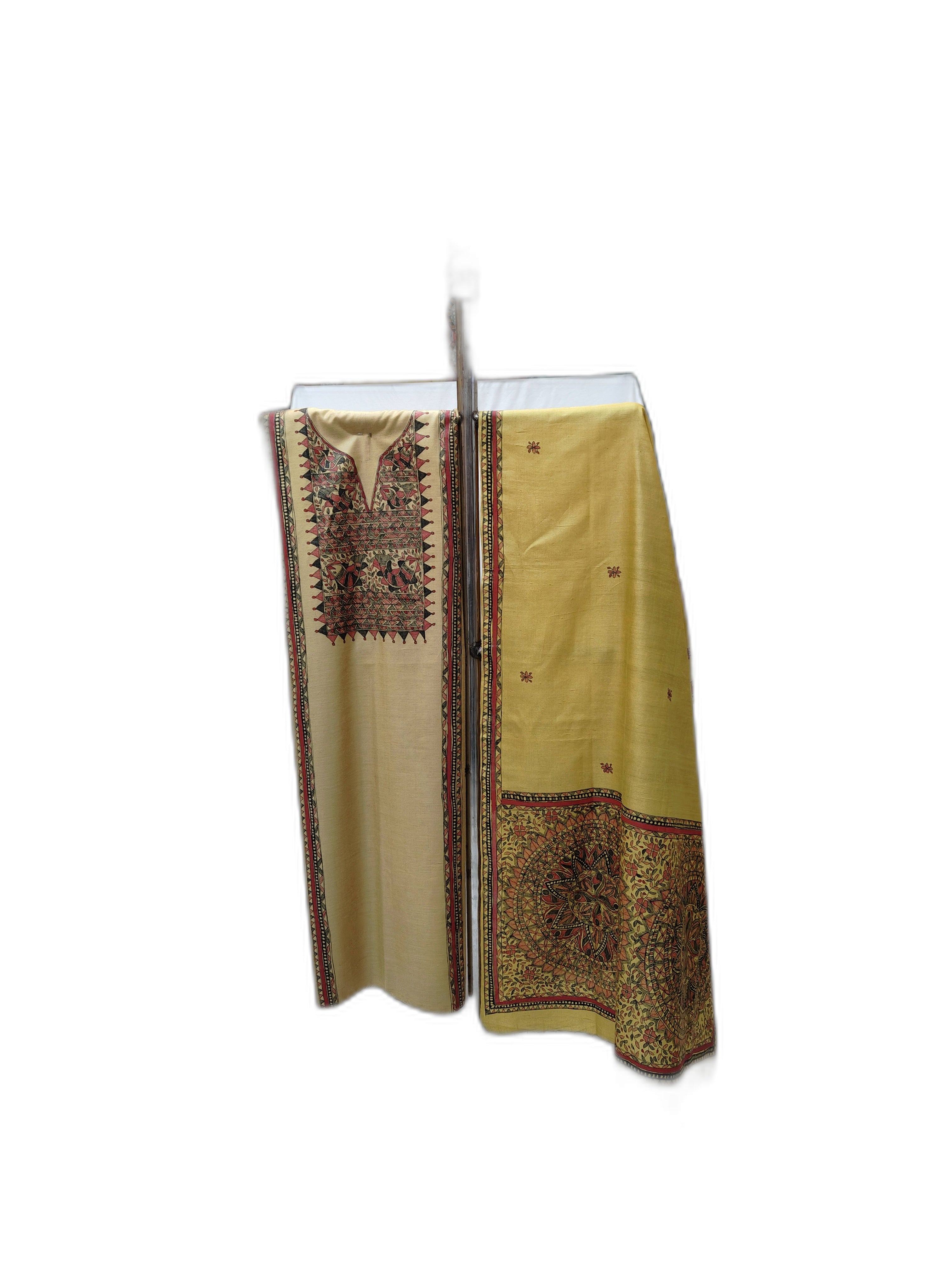 Unstitched Hand-Painted Madhubani Tussar Munga Silk Suit Set – Artistry in Mustard Elegance