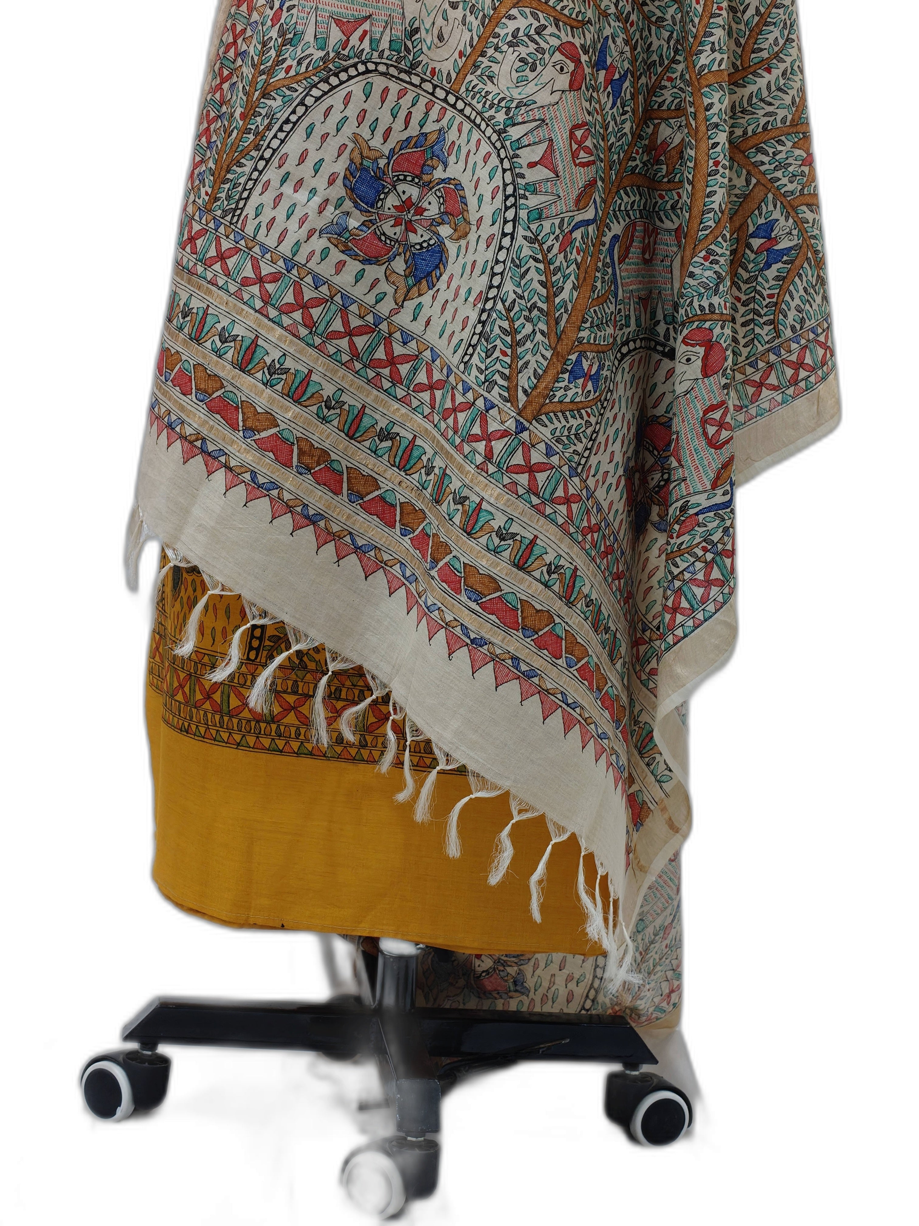 Hand-Painted Madhubani Unstitched Tussar Munga Silk Suit Set in Mustard and Natural Tussar – A Forest-Inspired Masterpiece