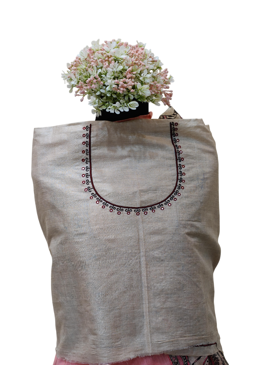 Hand-painted Madhubani Blouse Piece with Hand Embroidery - Floral