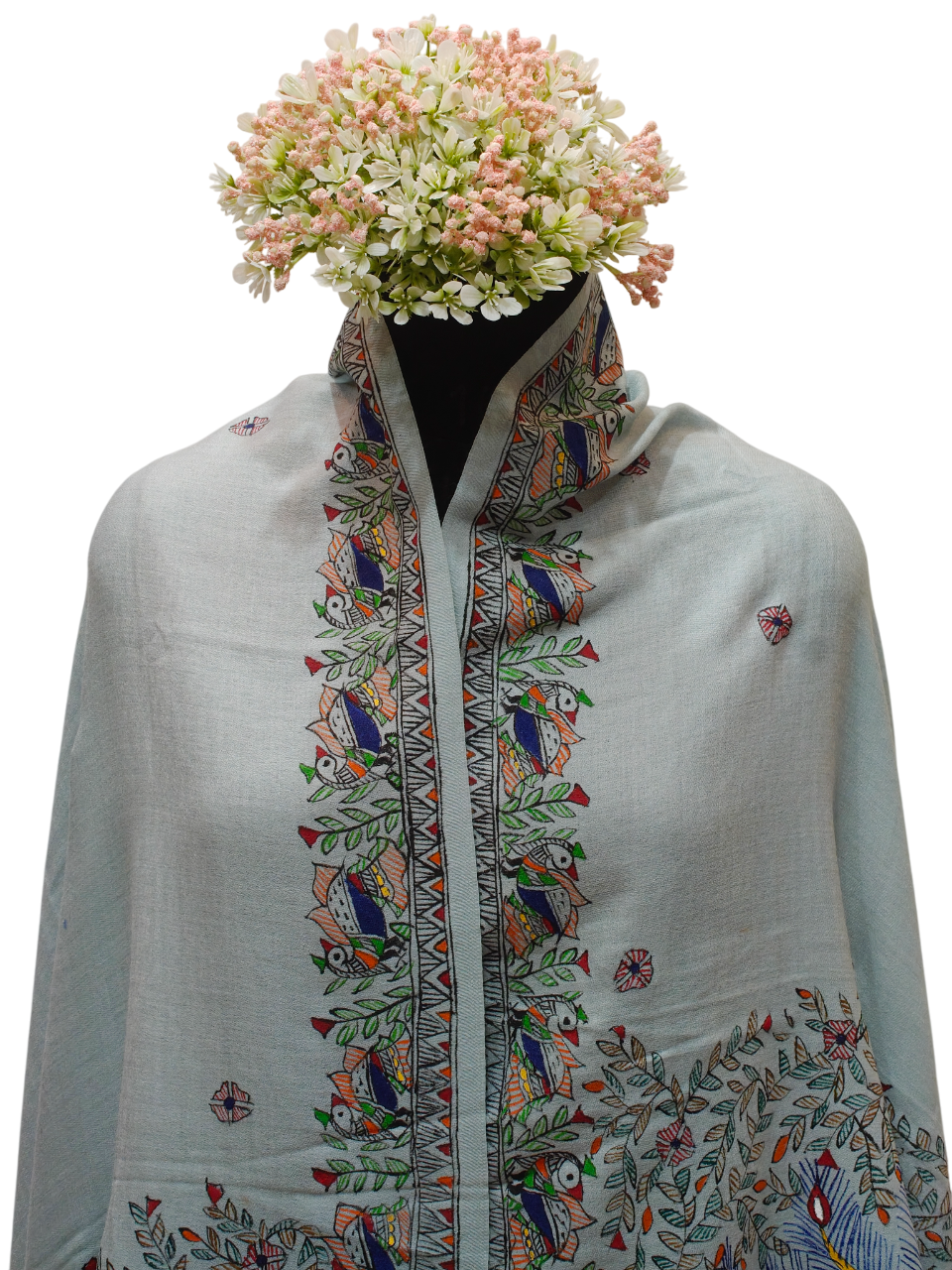 Elegant Handpainted Madhubani Pashmina Shawl on Pastel Blue