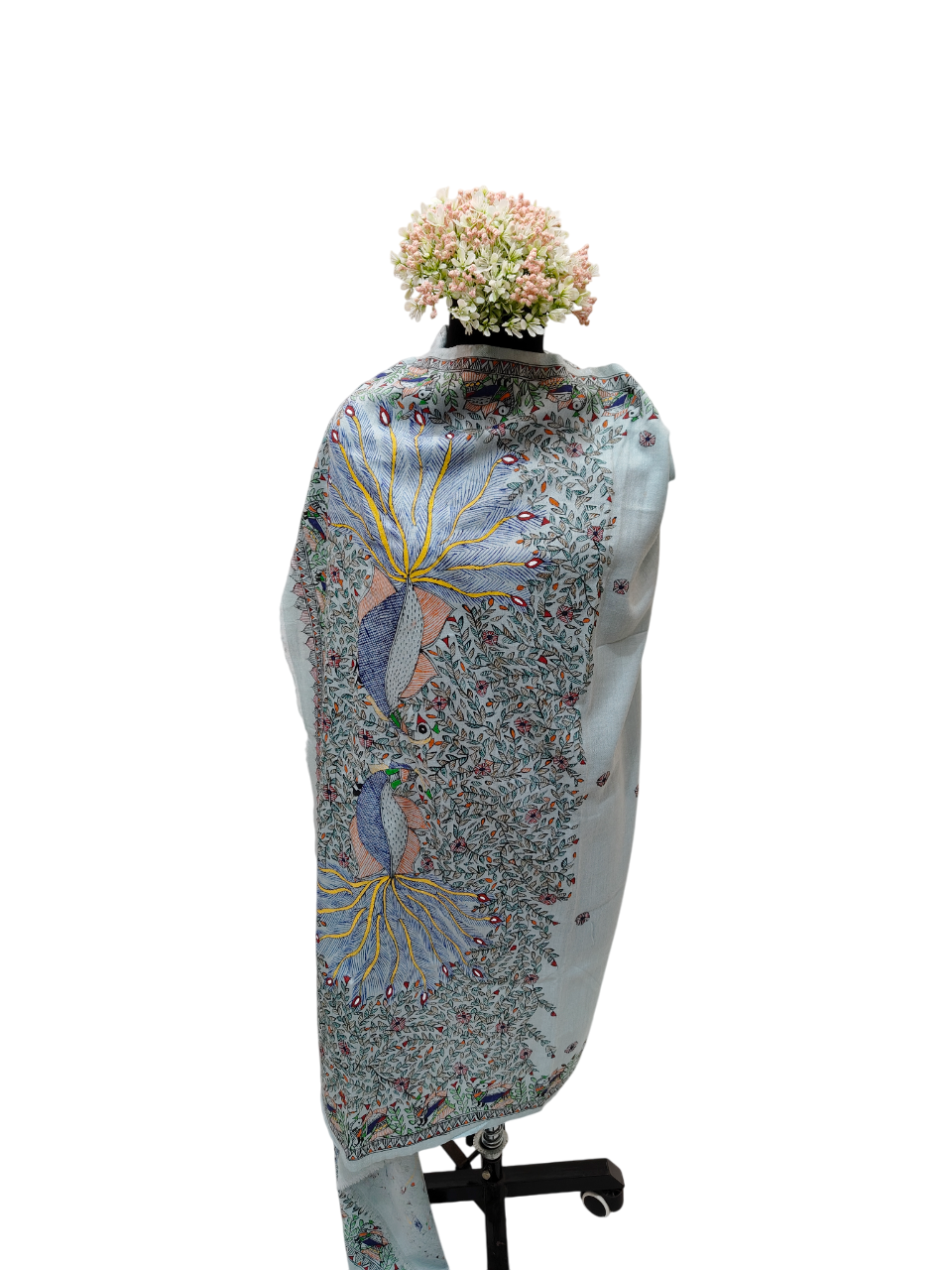 Elegant Handpainted Madhubani Pashmina Shawl on Pastel Blue
