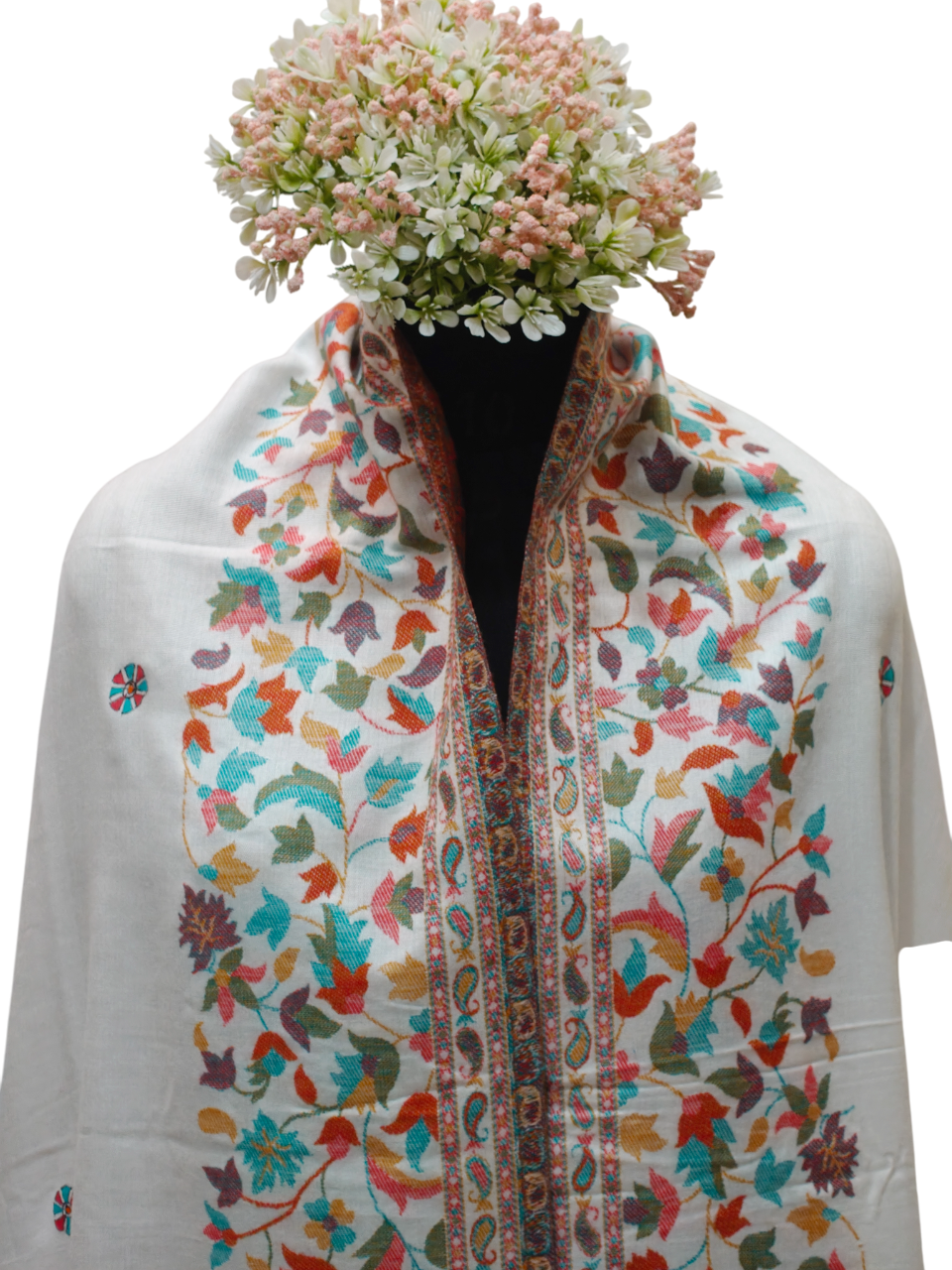 Exquisite Handpainted Madhubani Pashmina Shawl on White