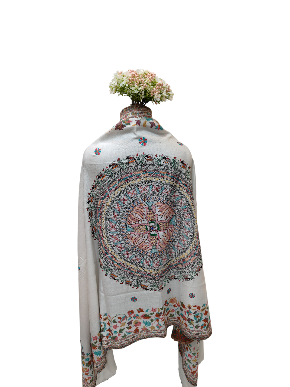Exquisite Handpainted Madhubani Pashmina Shawl on White