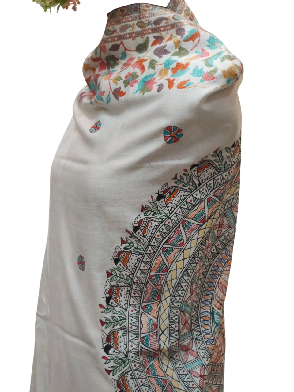 Exquisite Handpainted Madhubani Pashmina Shawl on White