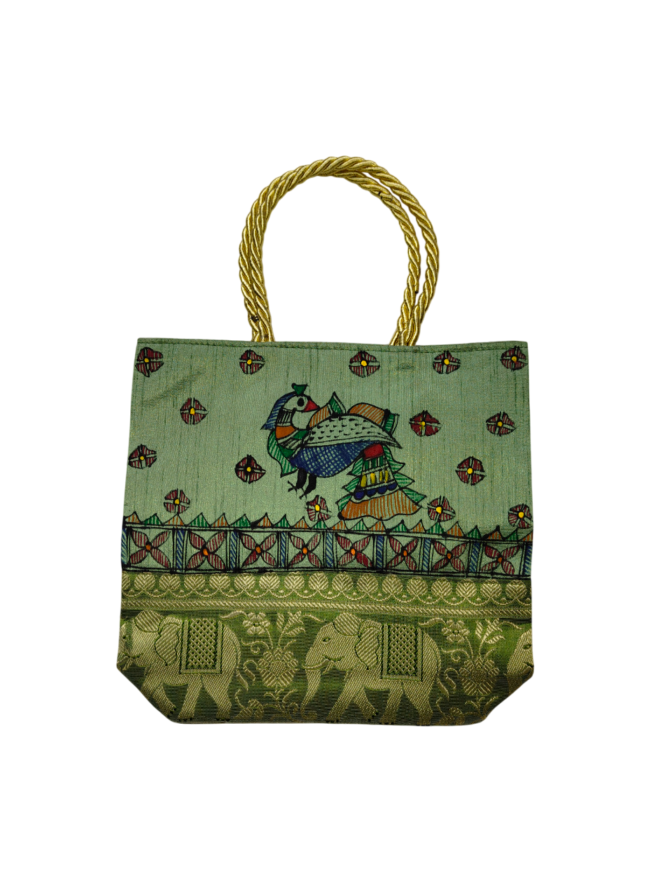 Handpainted Madhubani Bag – Green with Brocade Border, Peacock Motif