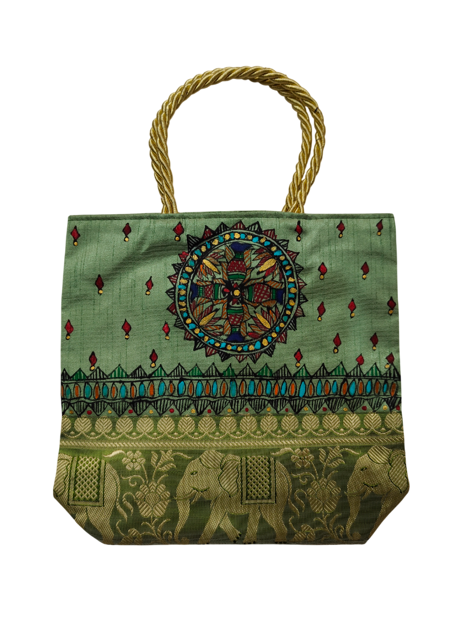 Handpainted Madhubani Bag – Green with Brocade Border, Peacock Motif