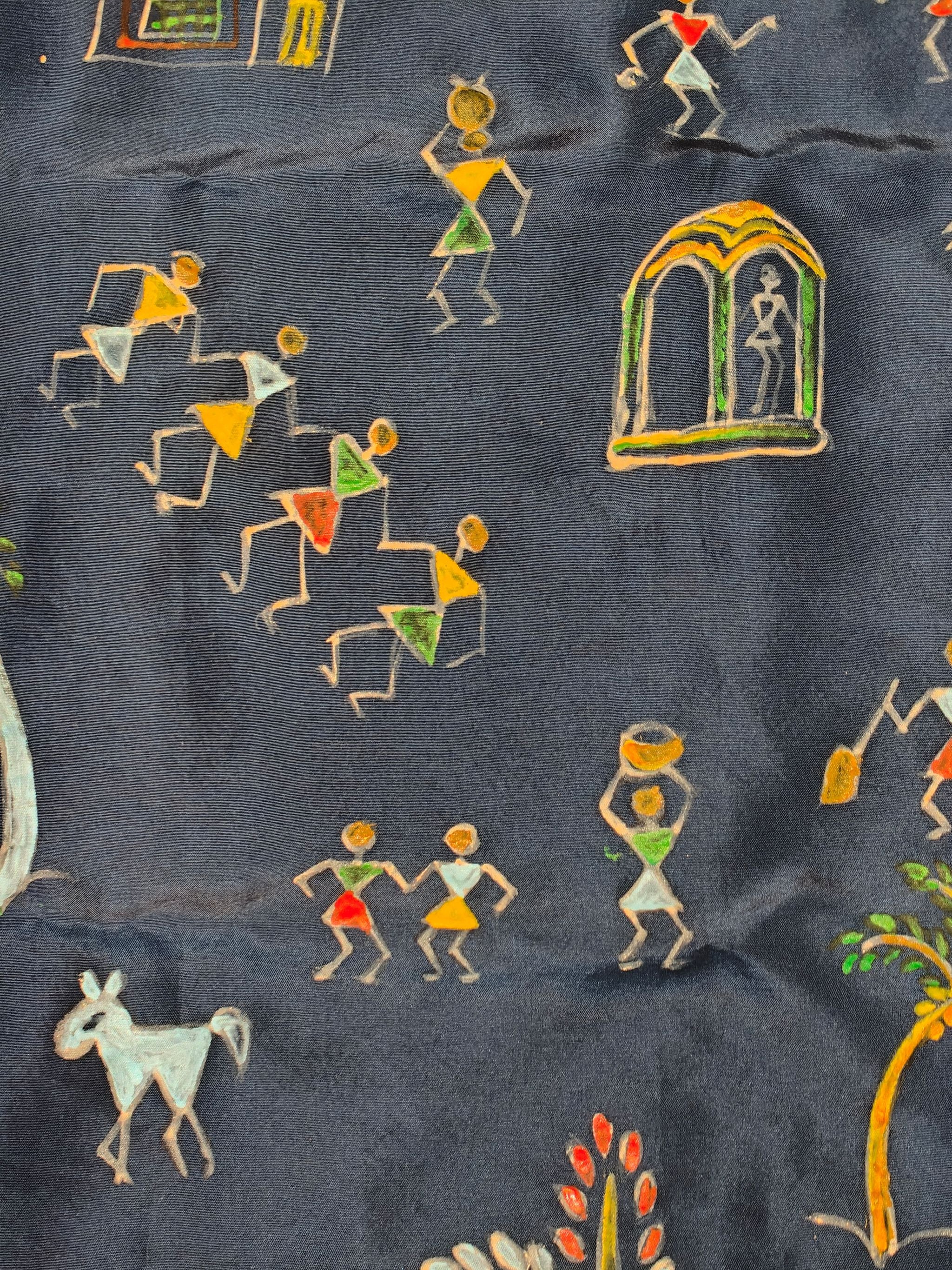 Handpainted Warli Art Pocket Square –Navy blue with Sujni Border