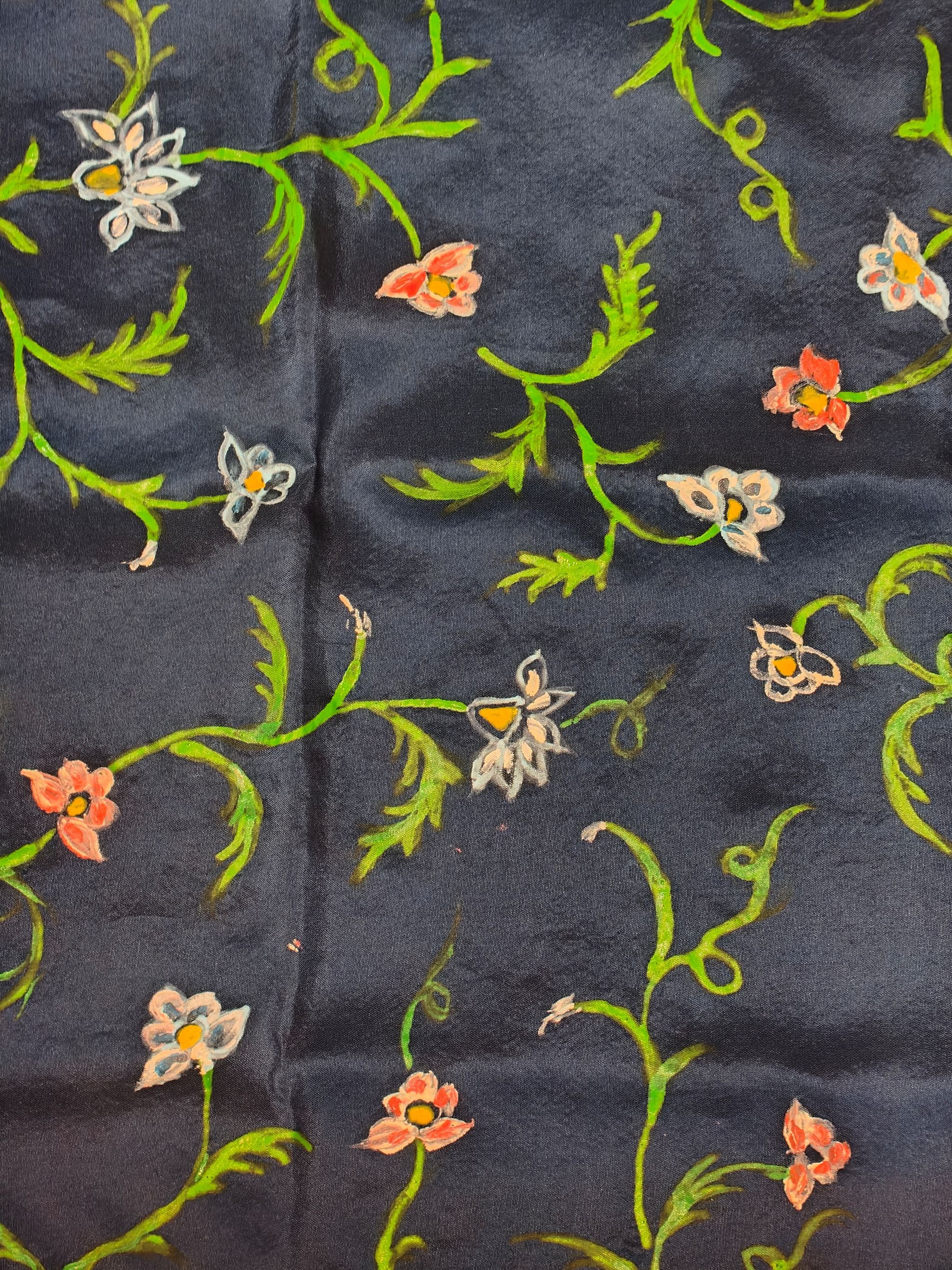 Handpainted Floral Pocket Square – Navy blue with Sujni Border