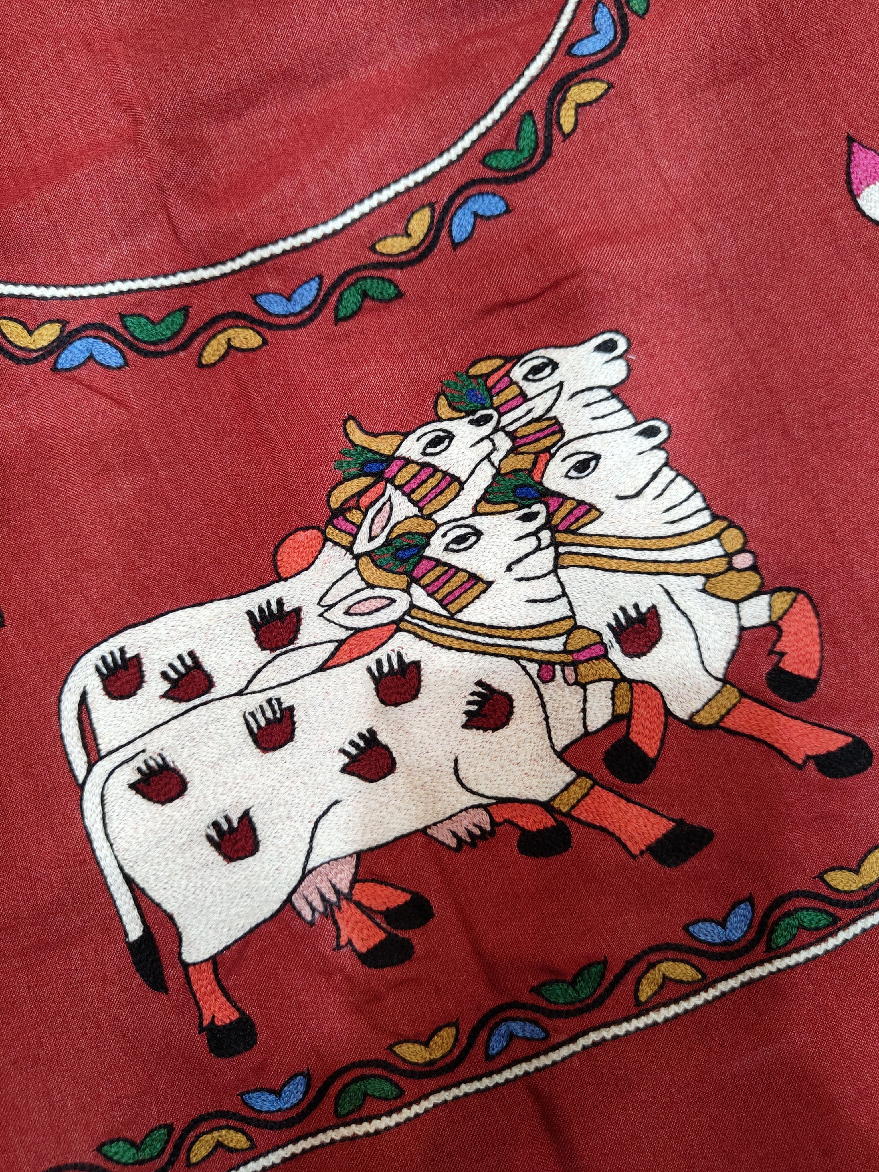 Hand-Embroidered Devotion: Folk Art Blouse Piece on Half Tussar Silk