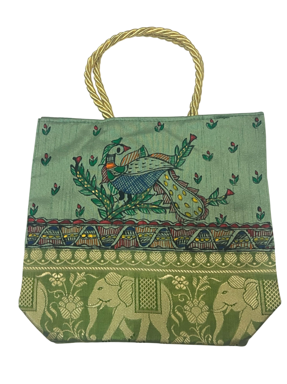 Handpainted Madhubani Bag – Green with Brocade Border, Peacock Motif