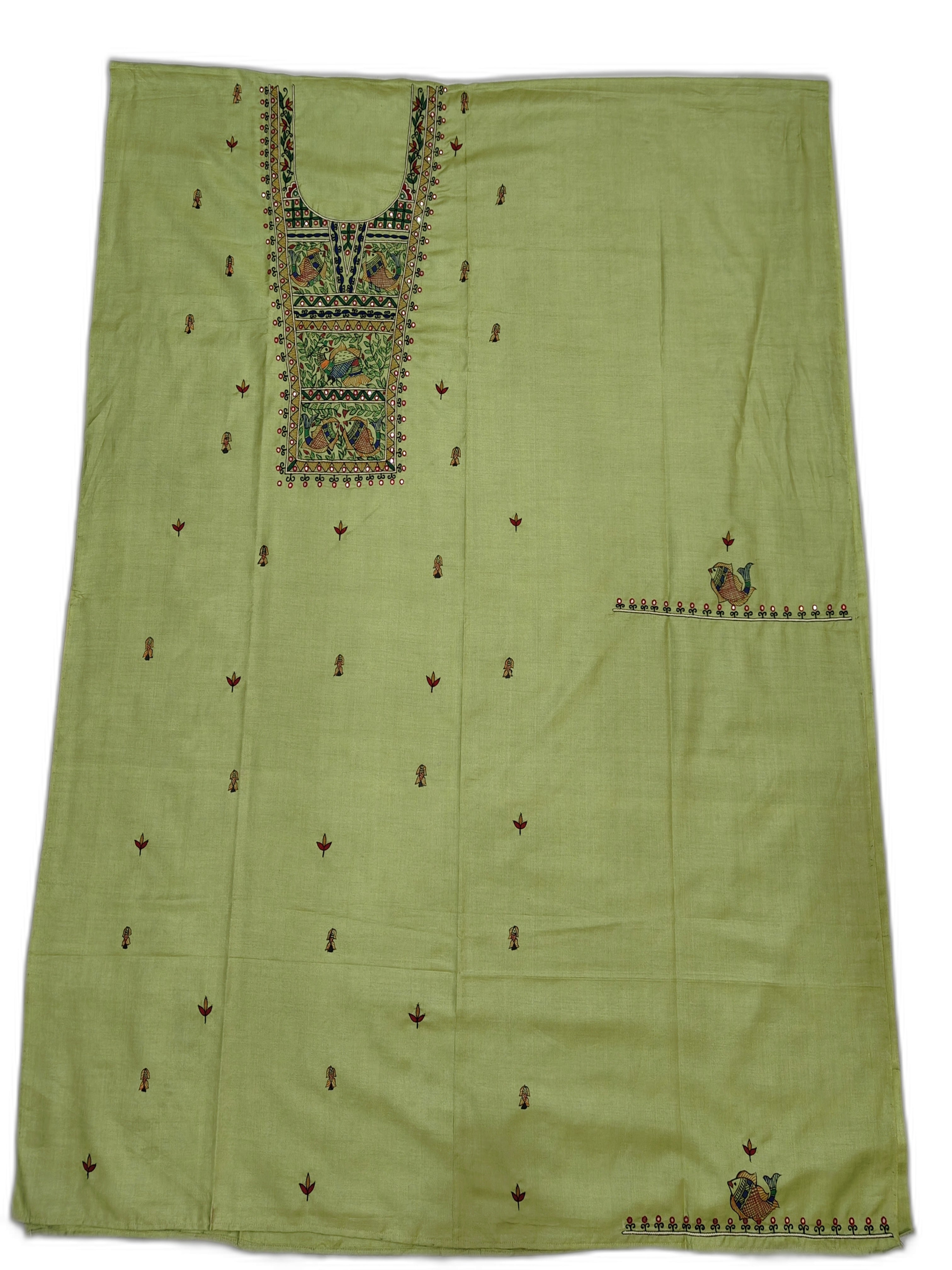 Hand-Painted & Hand Embroidery (AARI WORK) Madhubani Unstitched Kurti – Green Cotton Silk