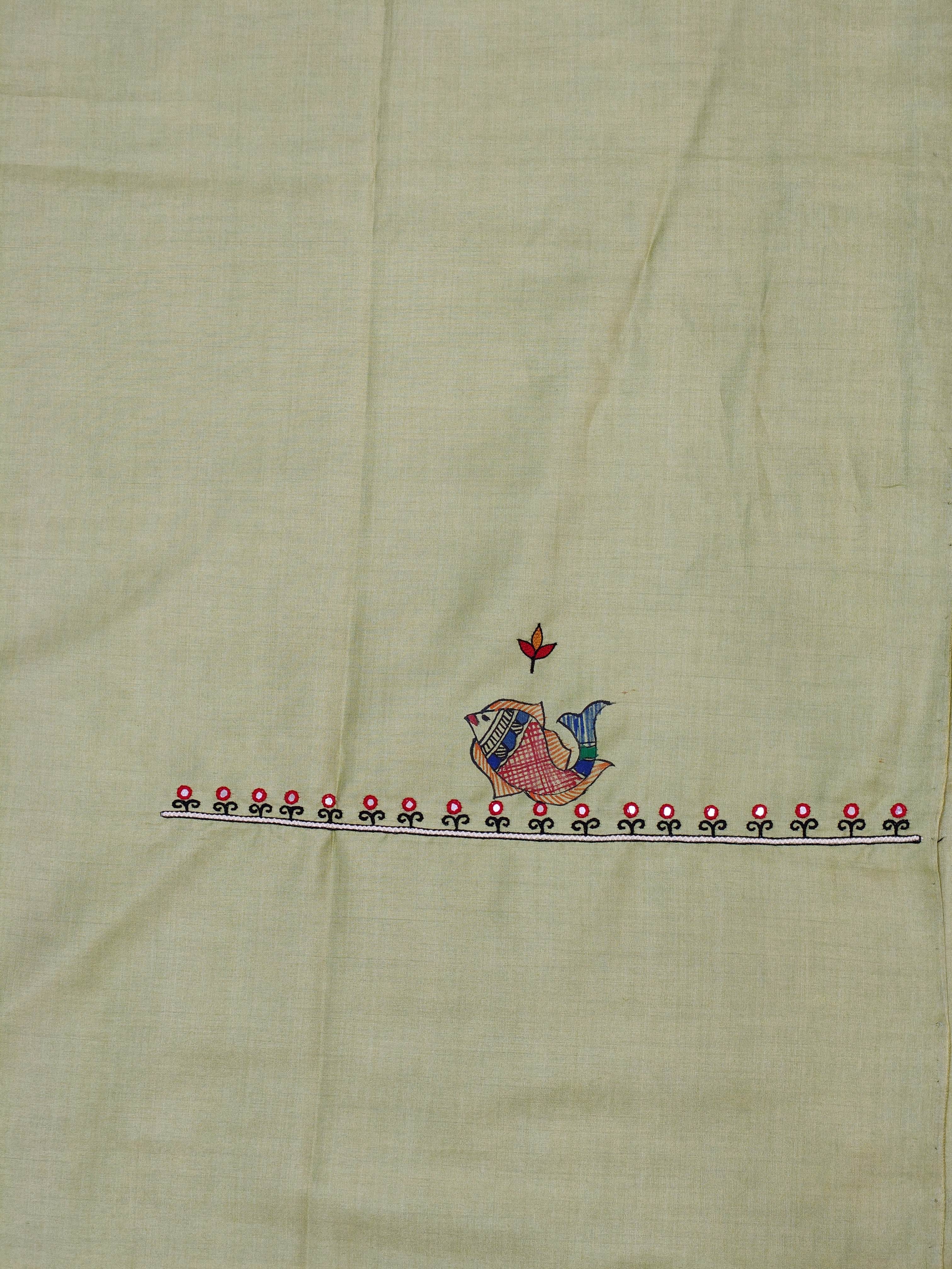 Hand-Painted & Hand Embroidery (AARI WORK) Madhubani Unstitched Kurti – Green Cotton Silk