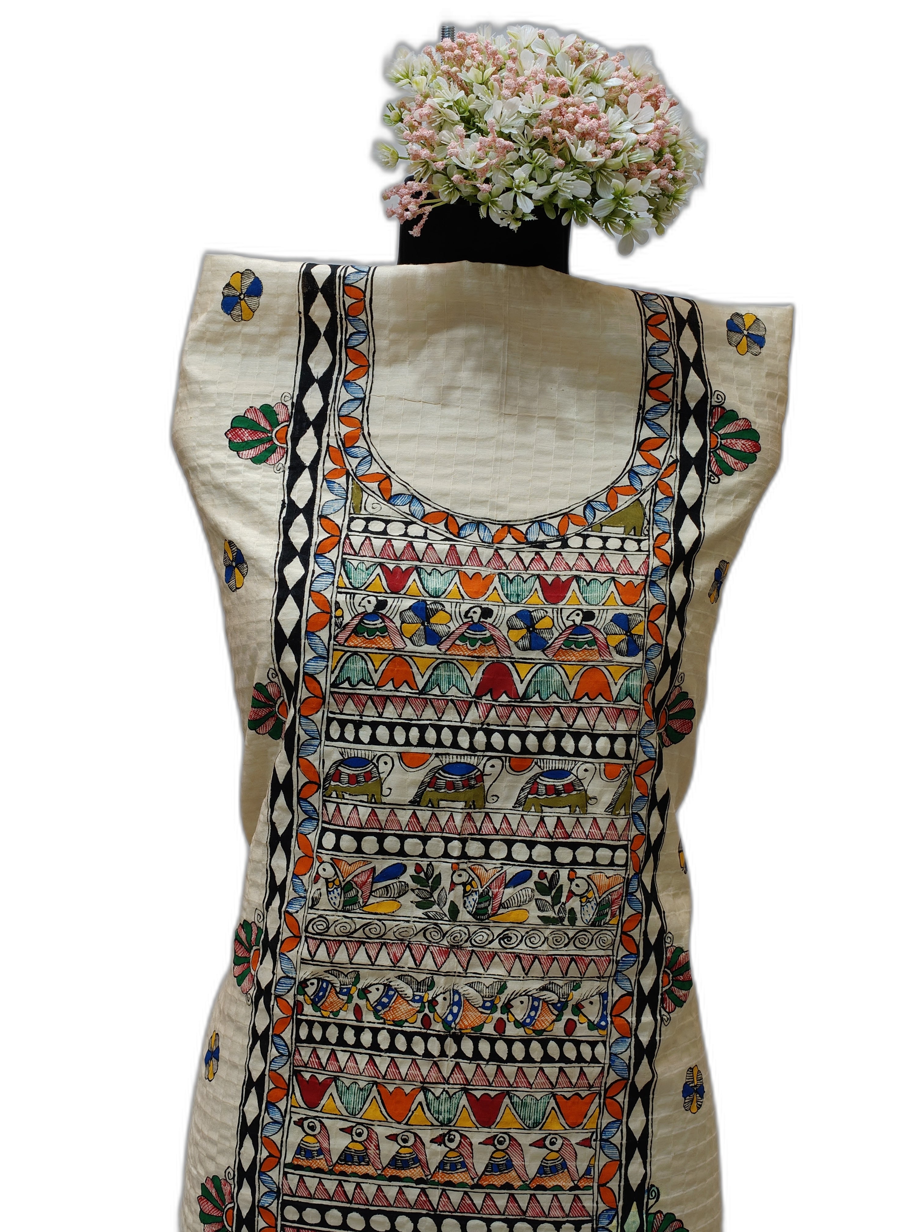 Hand-Painted Godhana Madhubani Unstitched Kurti – Ivory Cotton
