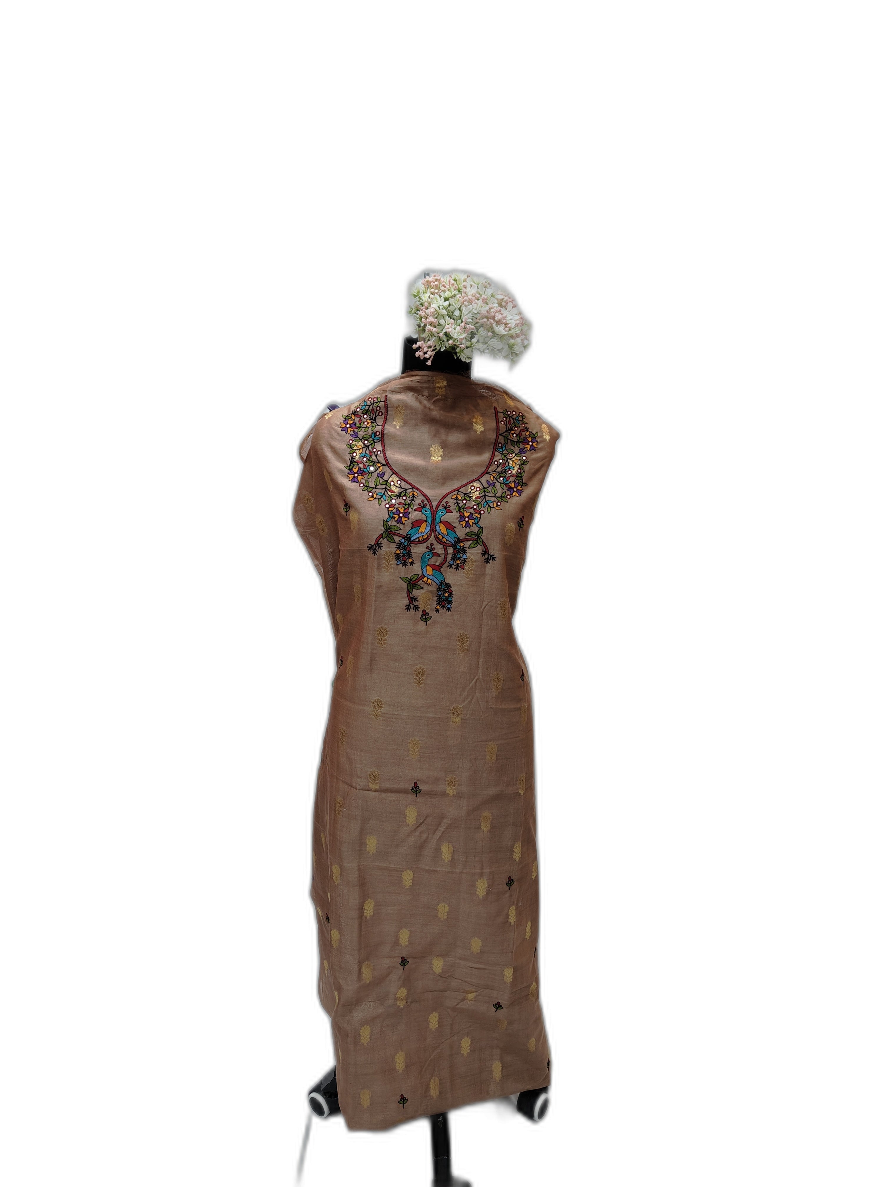 Chanderi Unstitched Kurti - Brown with Zari Butti