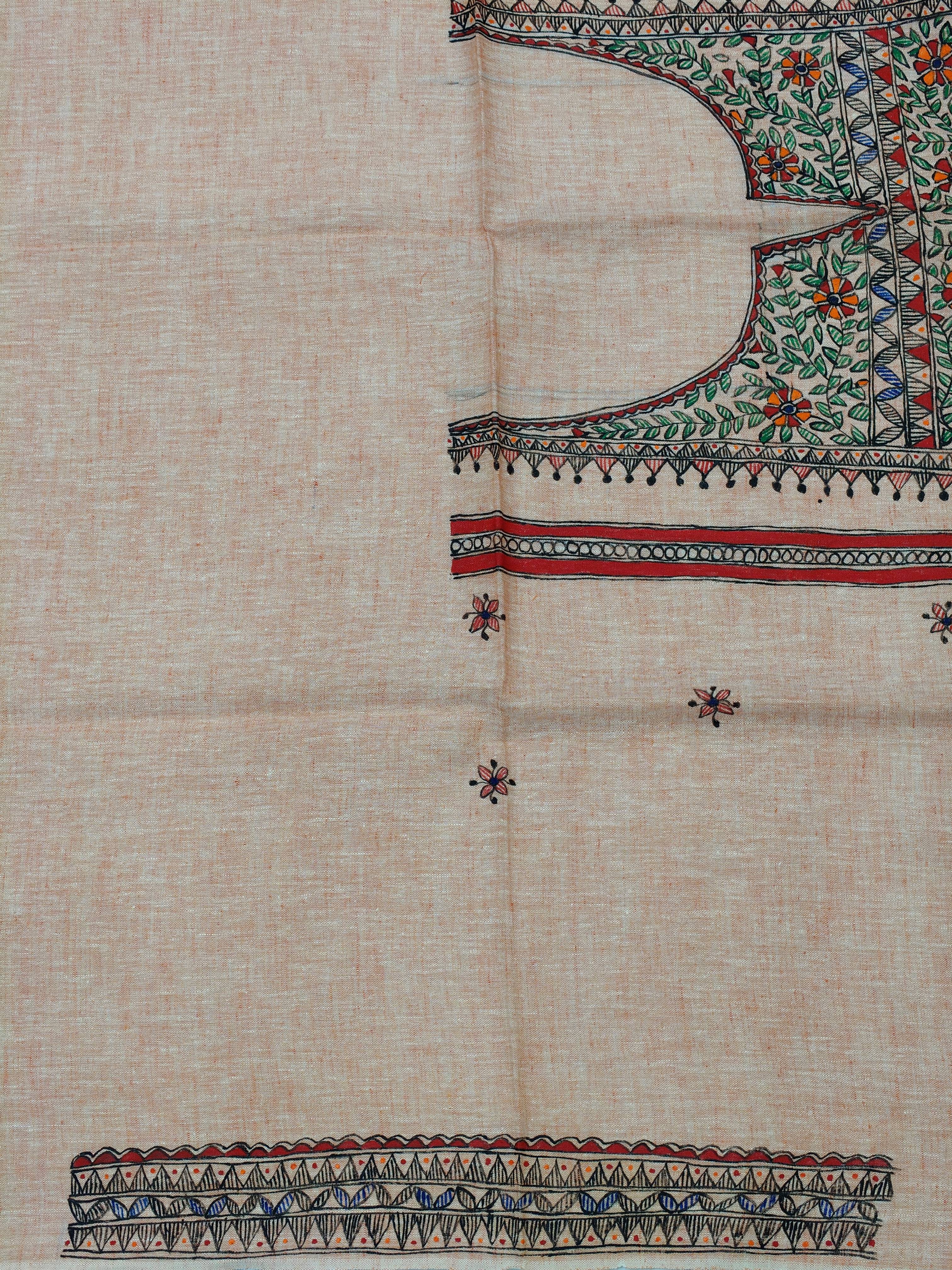 Hand-Painted Madhubani Unstitched Kurti on Linen Cotton – Rust