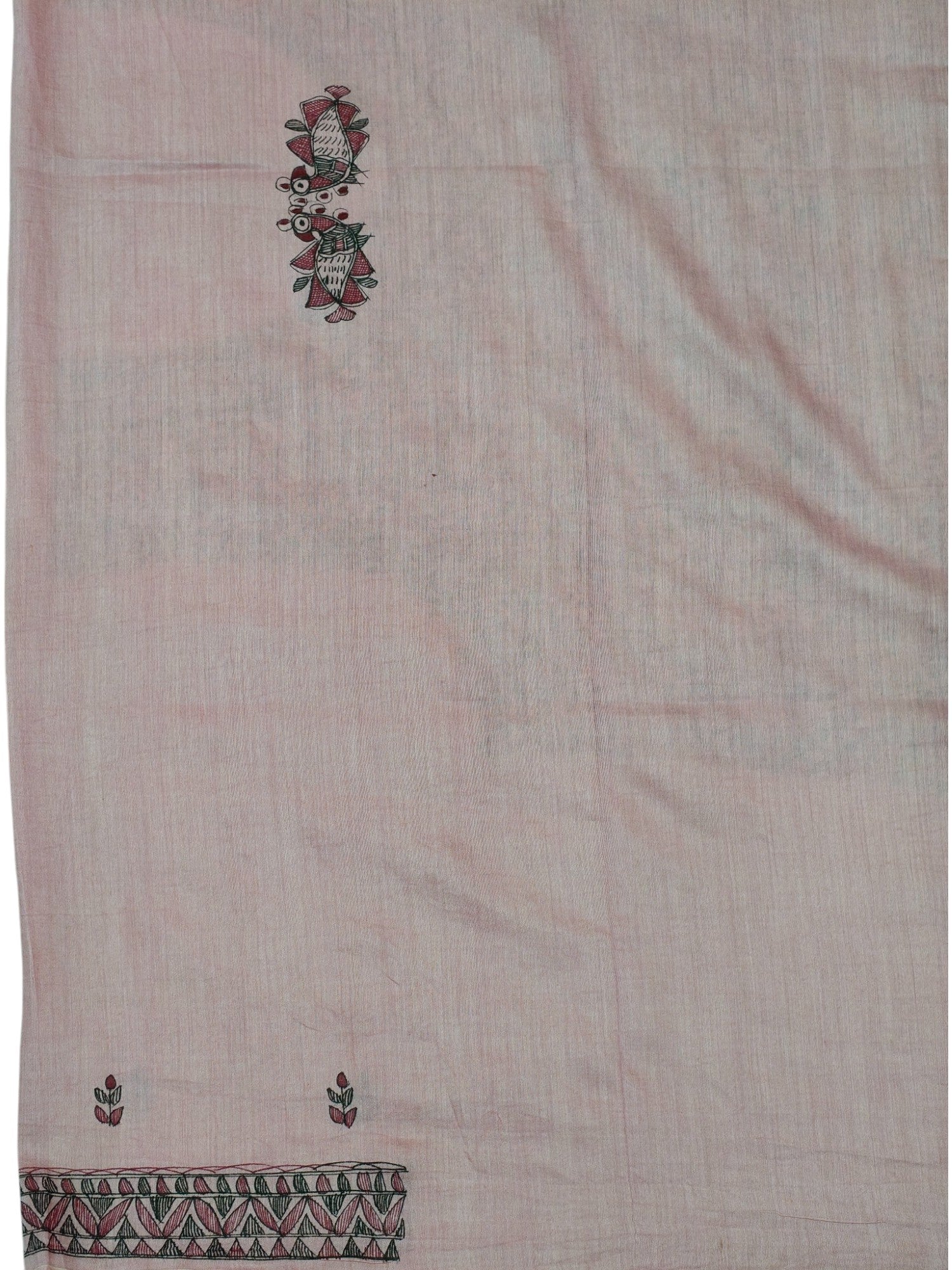 All Over Hand-Painted Unstitched Madhubani Kurti on Tussar Munga Silk – Pink