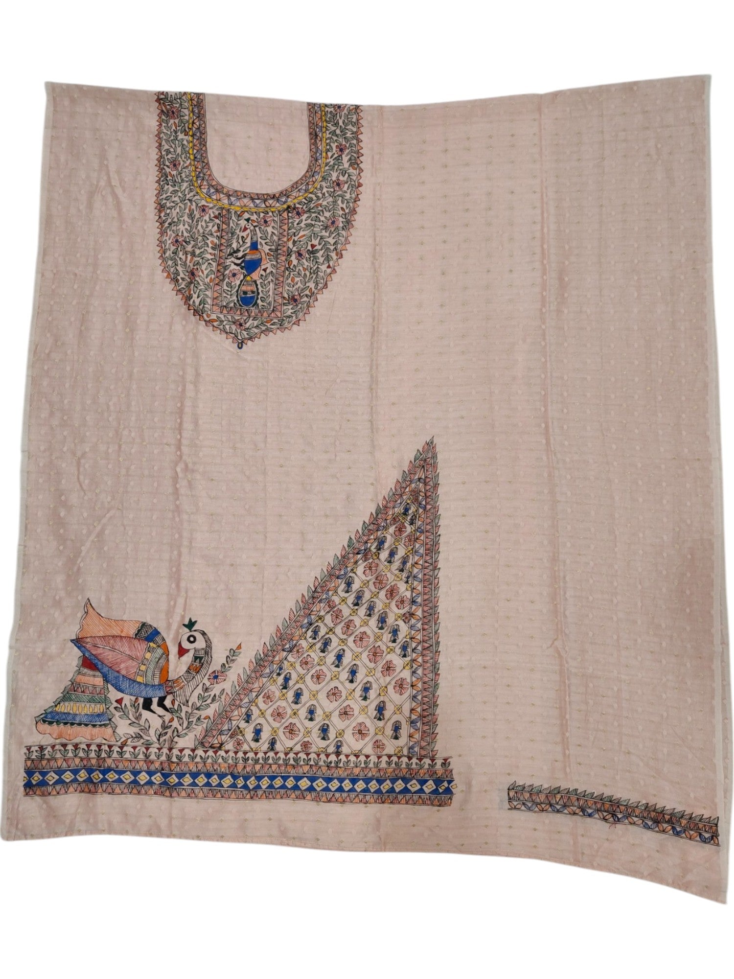 Hand-Painted Madhubani Unstitched Kurti – Baby Pink Chanderi