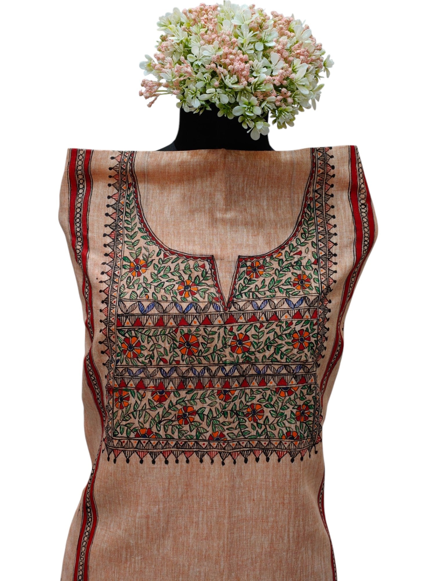 Hand-Painted Madhubani Unstitched Kurti on Linen Cotton – Rust