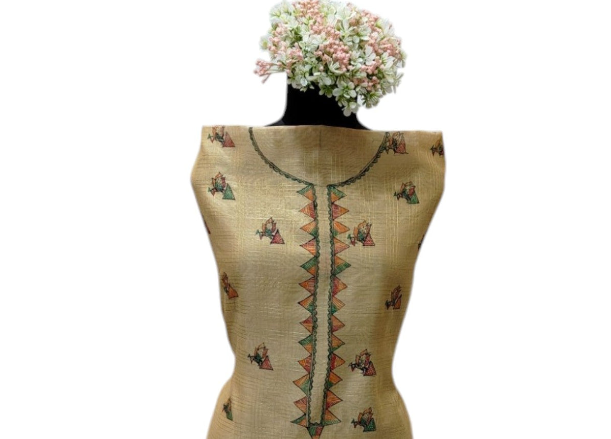 Hand-Painted Madhubani Unstitched Kurti on Chanderi with Zari Checks – Gold
