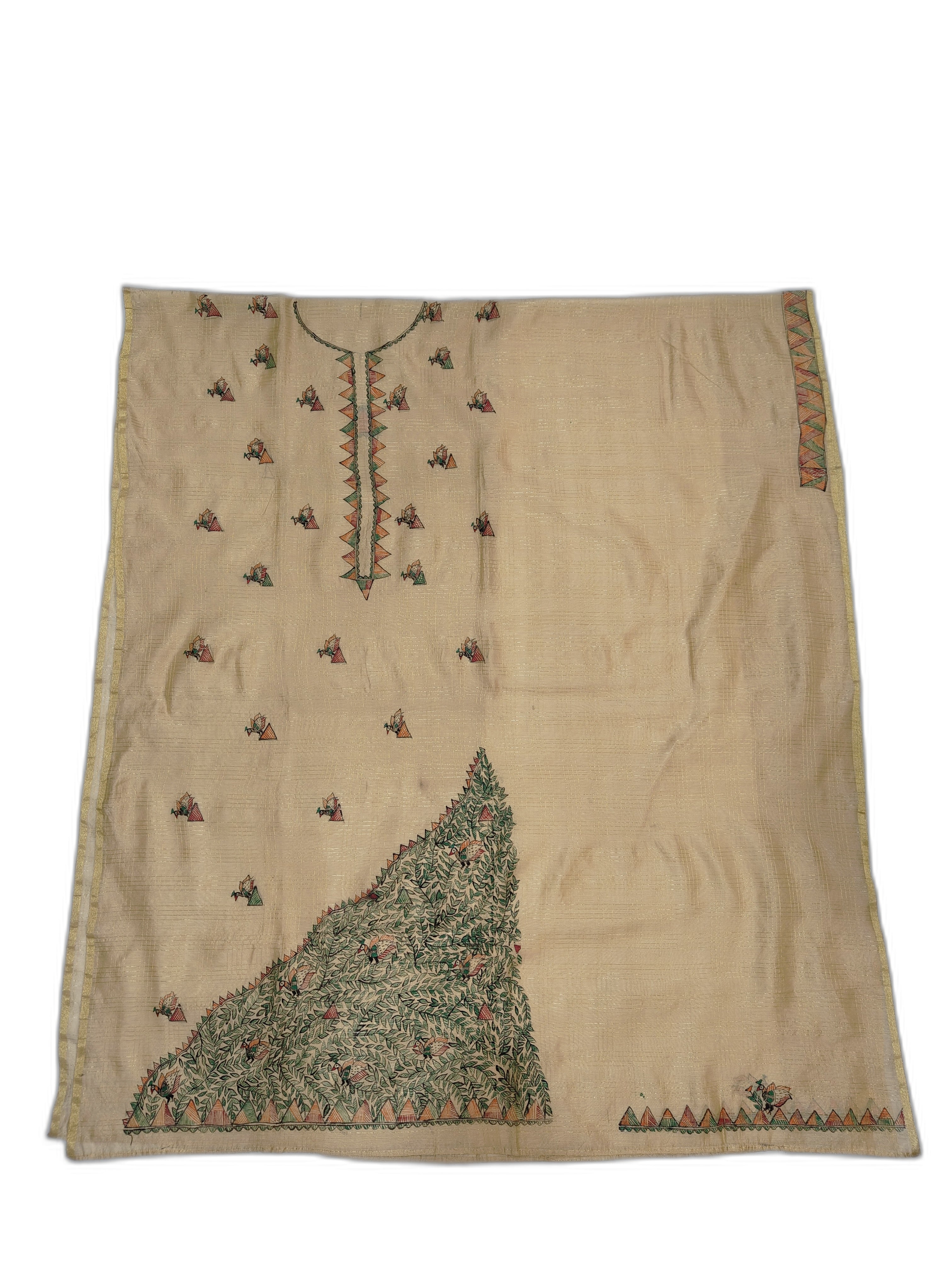 Hand-Painted Madhubani Unstitched Kurti on Chanderi with Zari Checks – Gold