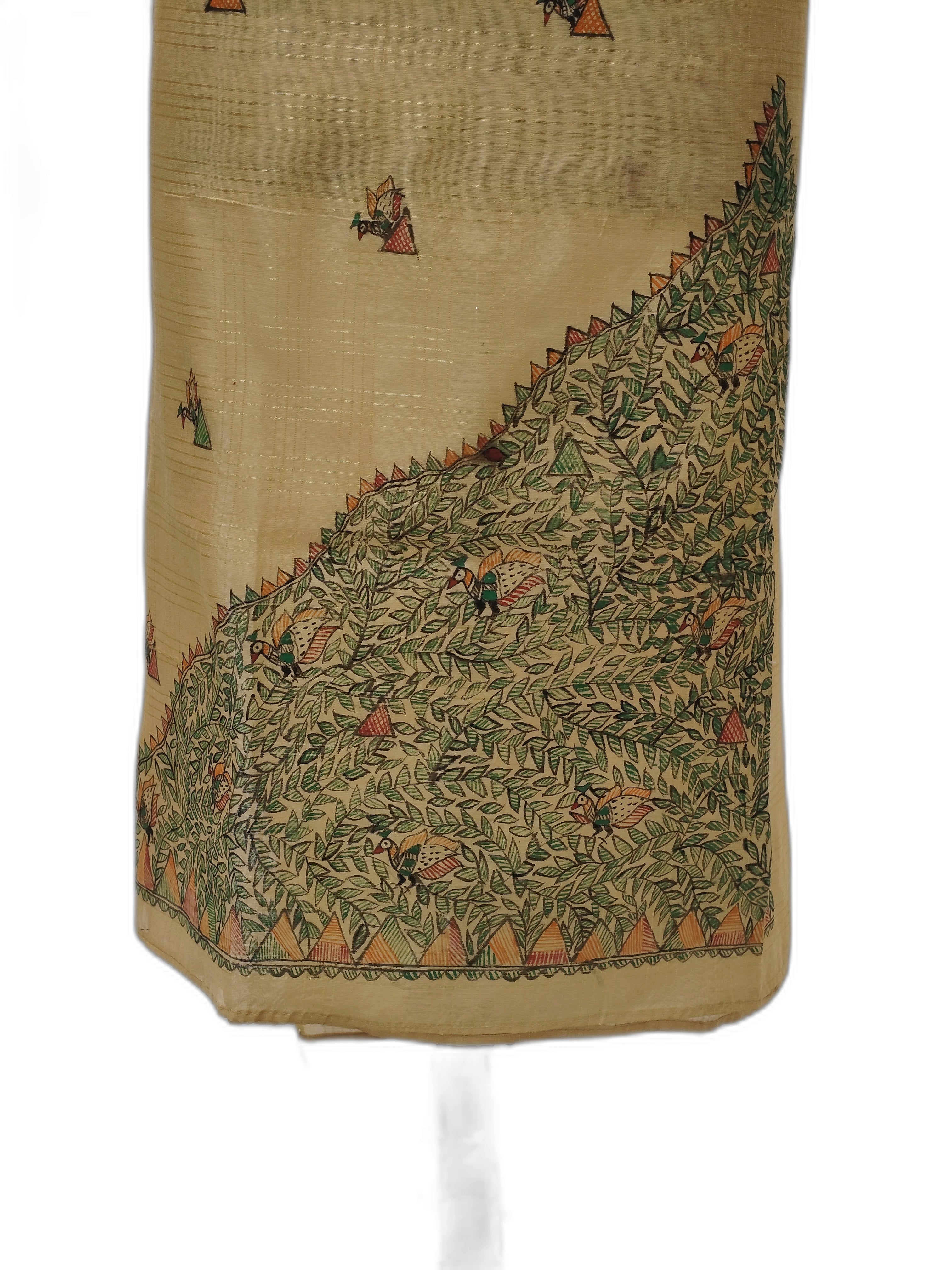 Hand-Painted Madhubani Unstitched Kurti on Chanderi with Zari Checks – Gold