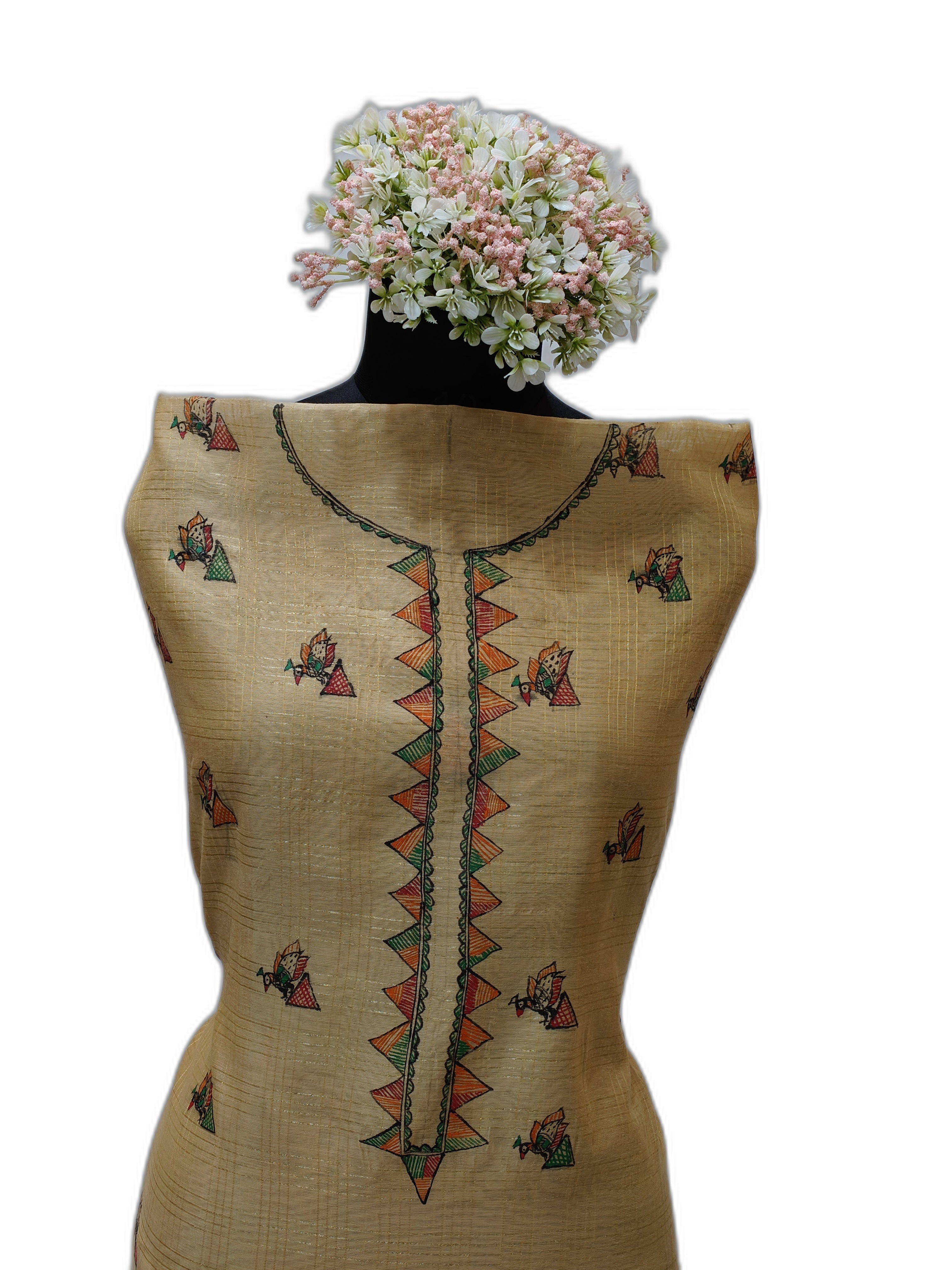 Hand-Embroidered Unstitched Kurti on Cotton Silk