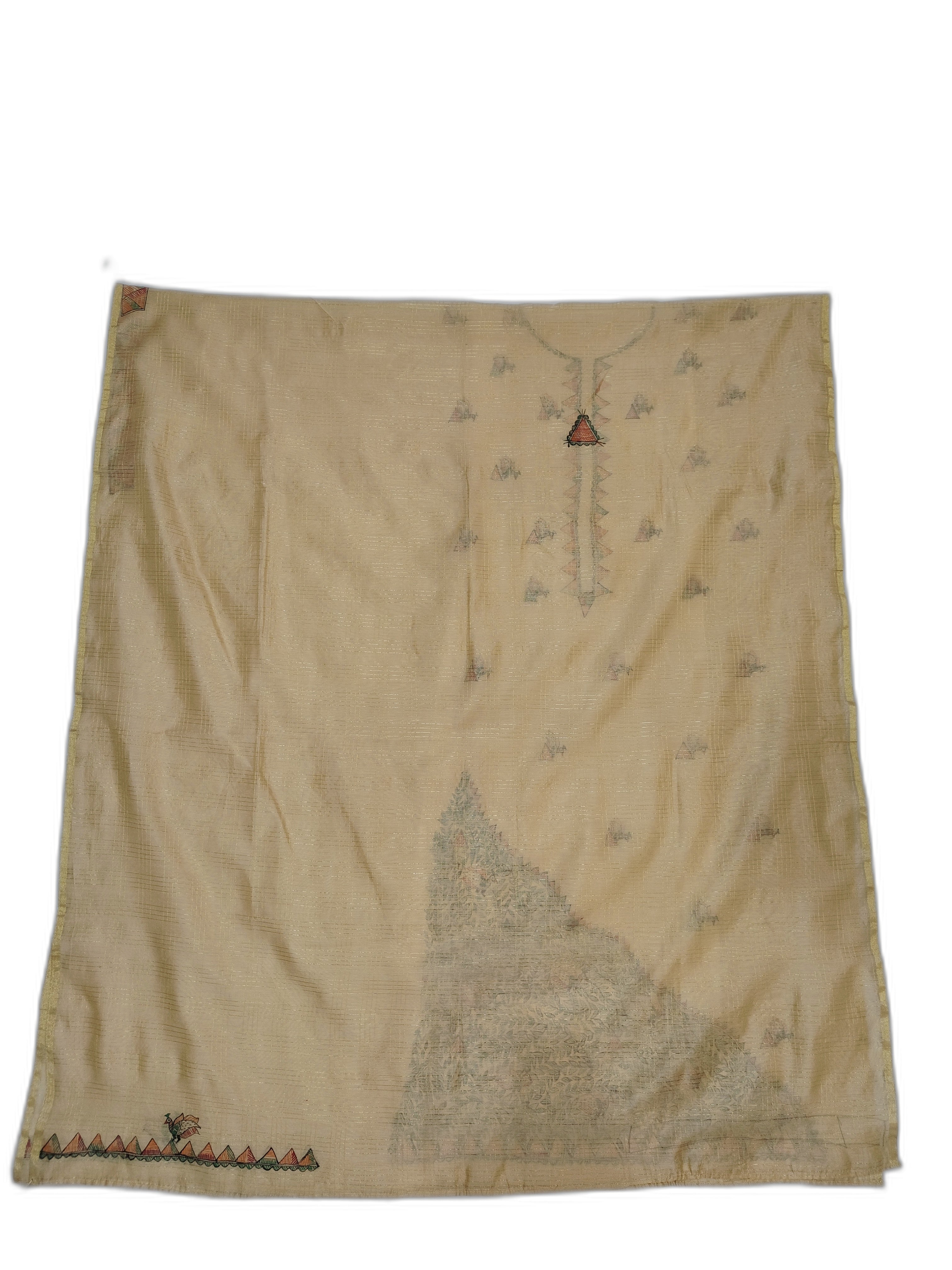 Hand-Painted Madhubani Unstitched Kurti on Chanderi with Zari Checks – Gold