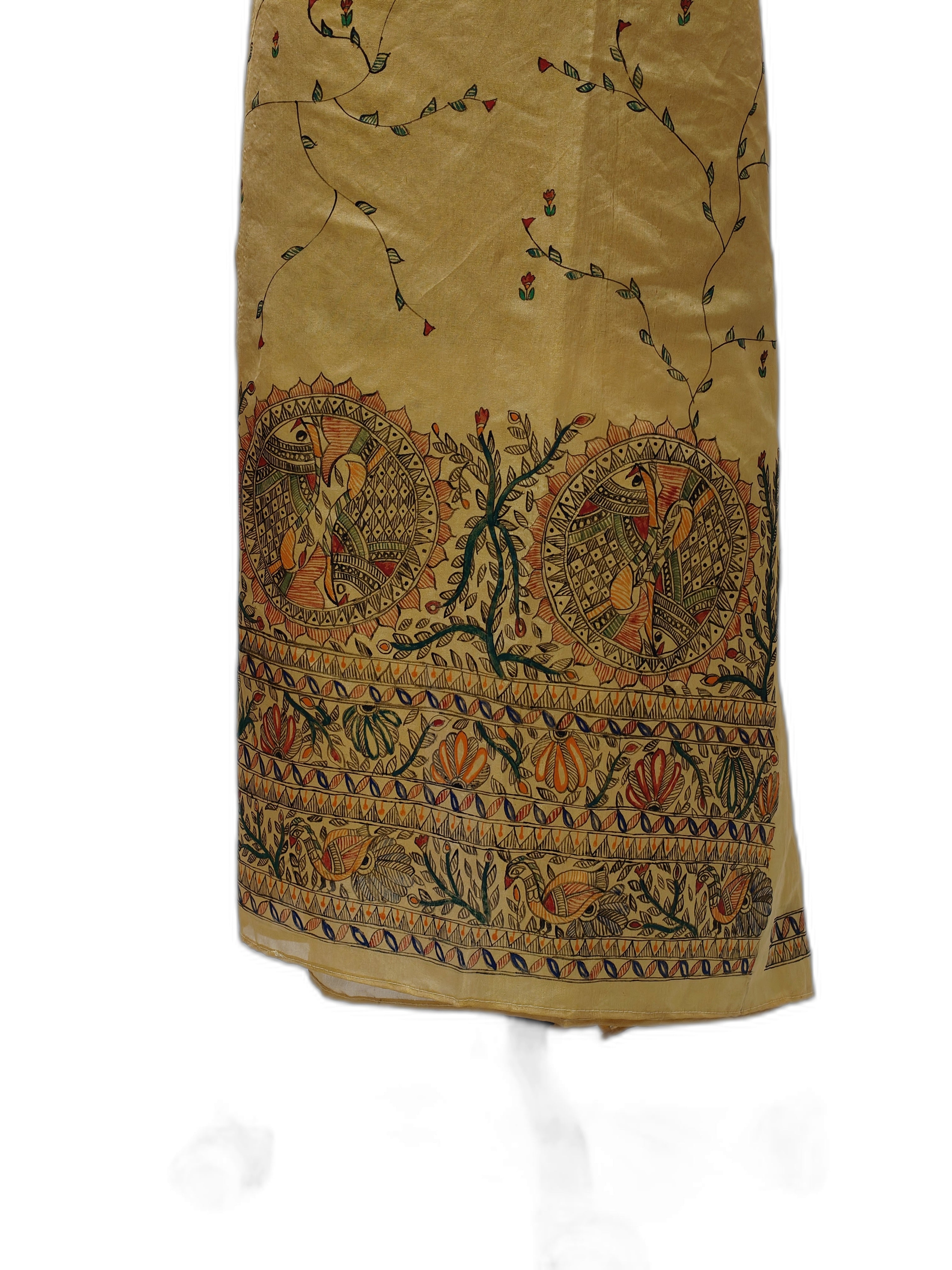 Hand-Painted Unstitched Madhubani Kurti on Tissue Katana Silk – Gold