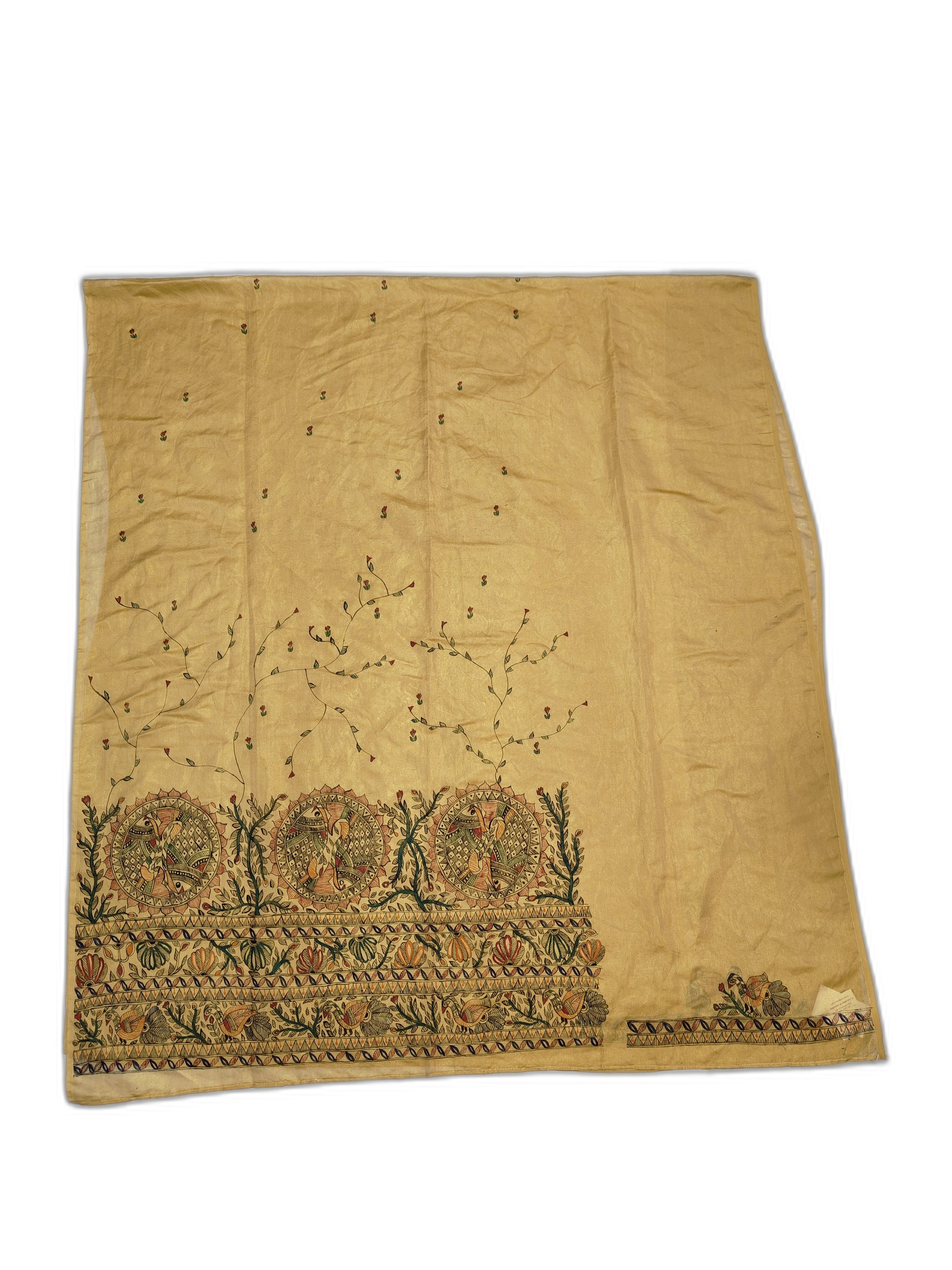 Hand-Painted Unstitched Madhubani Kurti on Tissue Katana Silk – Gold